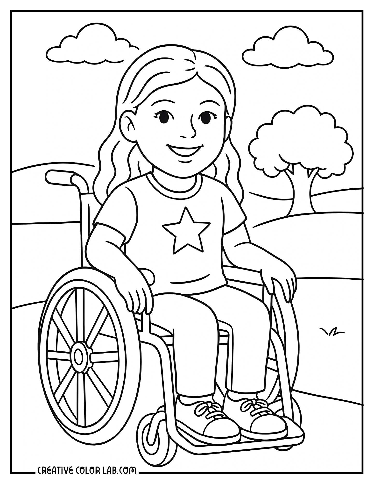 An American girl doll on a wheelchair coloring page.