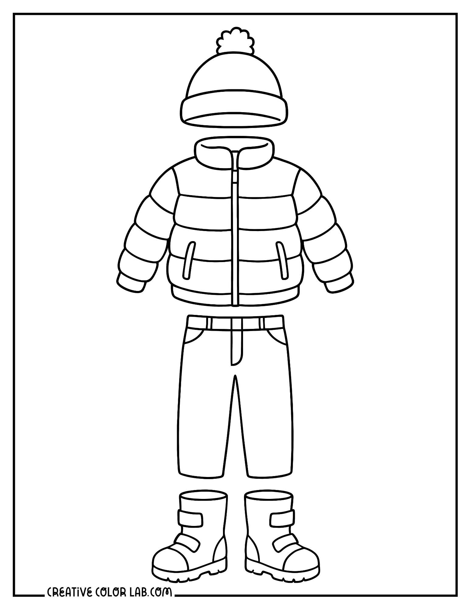 A winter outfit for an 18 inch doll line art to color in.