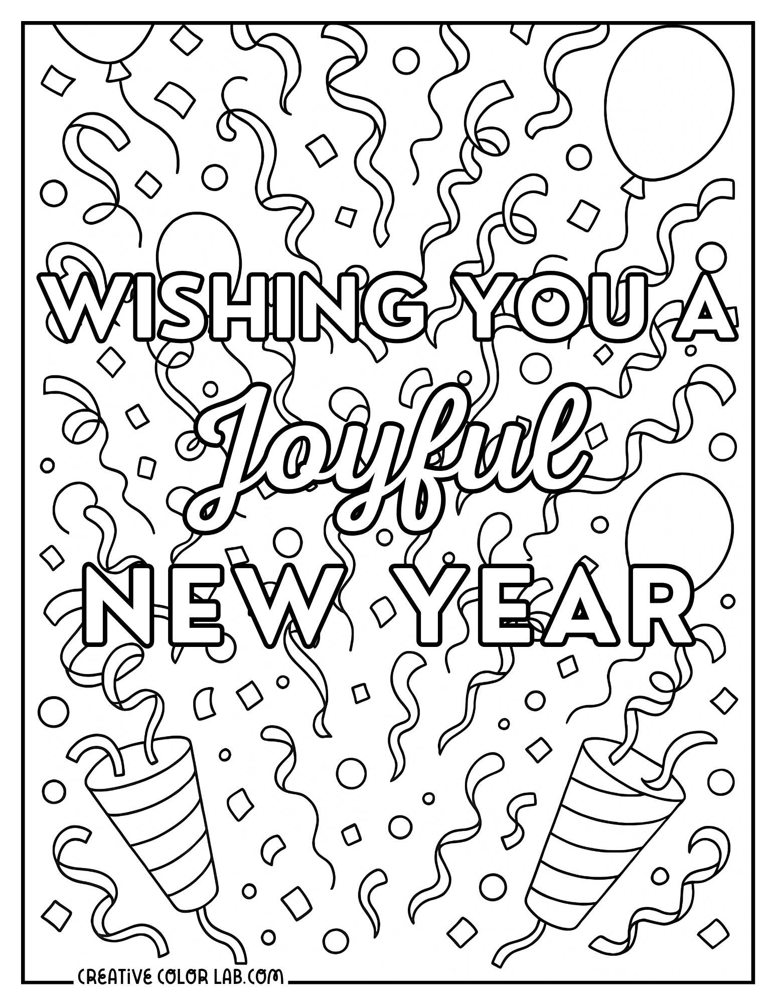 "Wishing you a joyful new year" coloring page for adults.