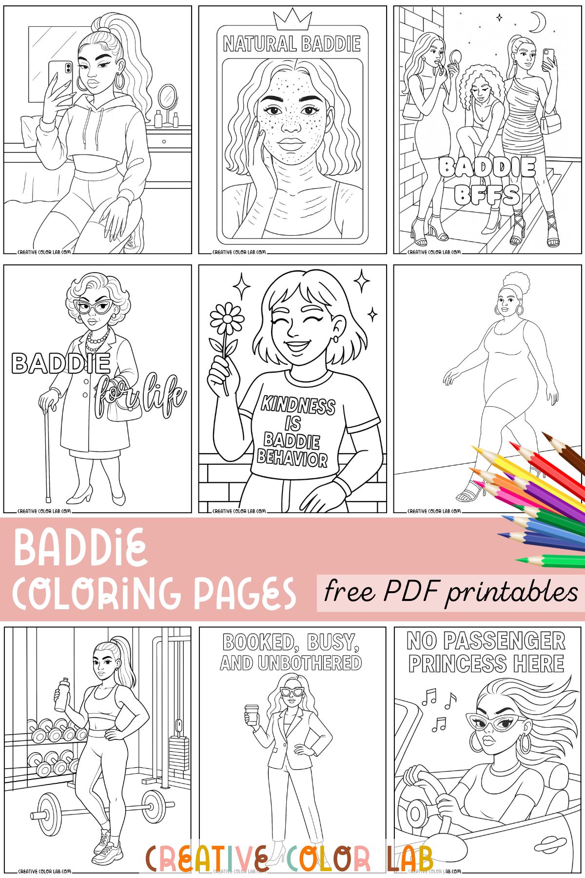 A nine photo grid of baddie coloring pages.