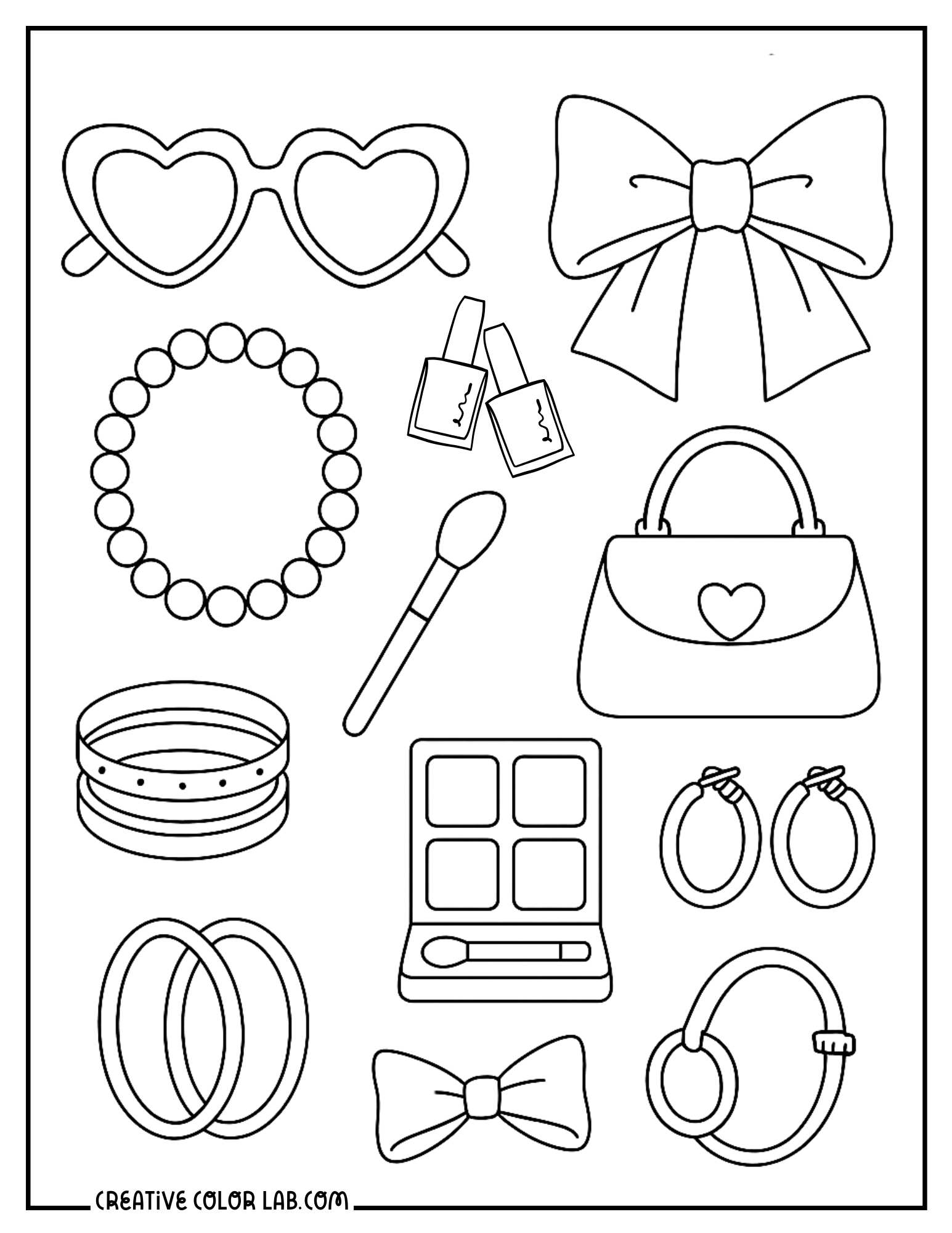 Accessories, make up palettes, sunglasses glam coloring sheet.