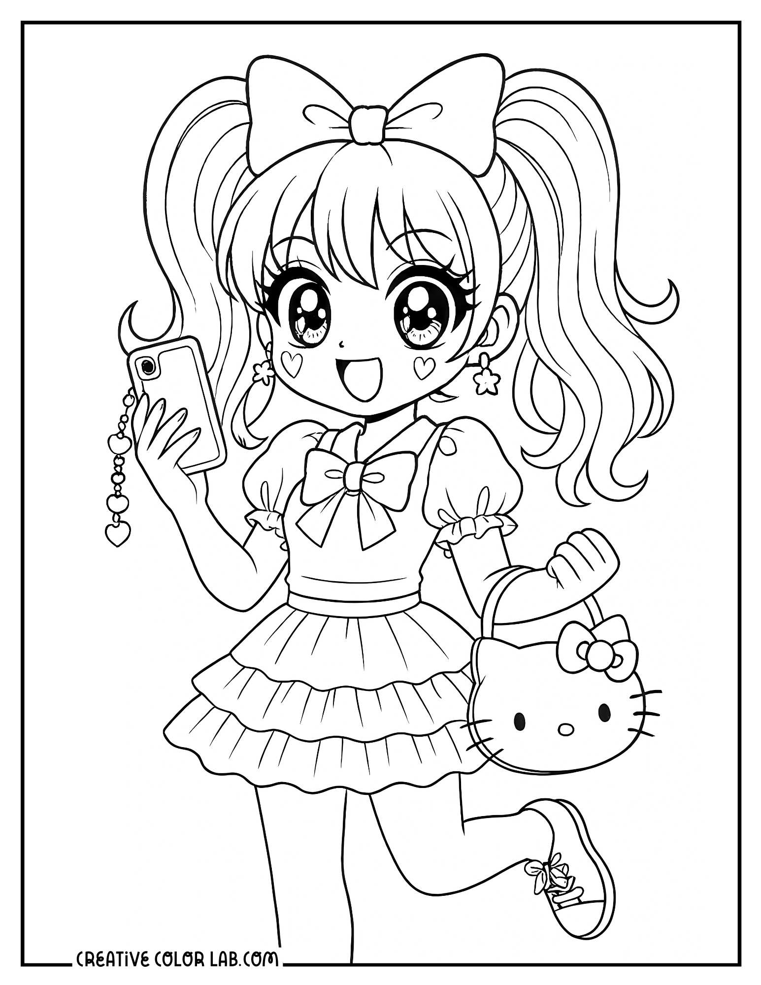 A kawaii anime core baddie with hello kitty bag image to color.
