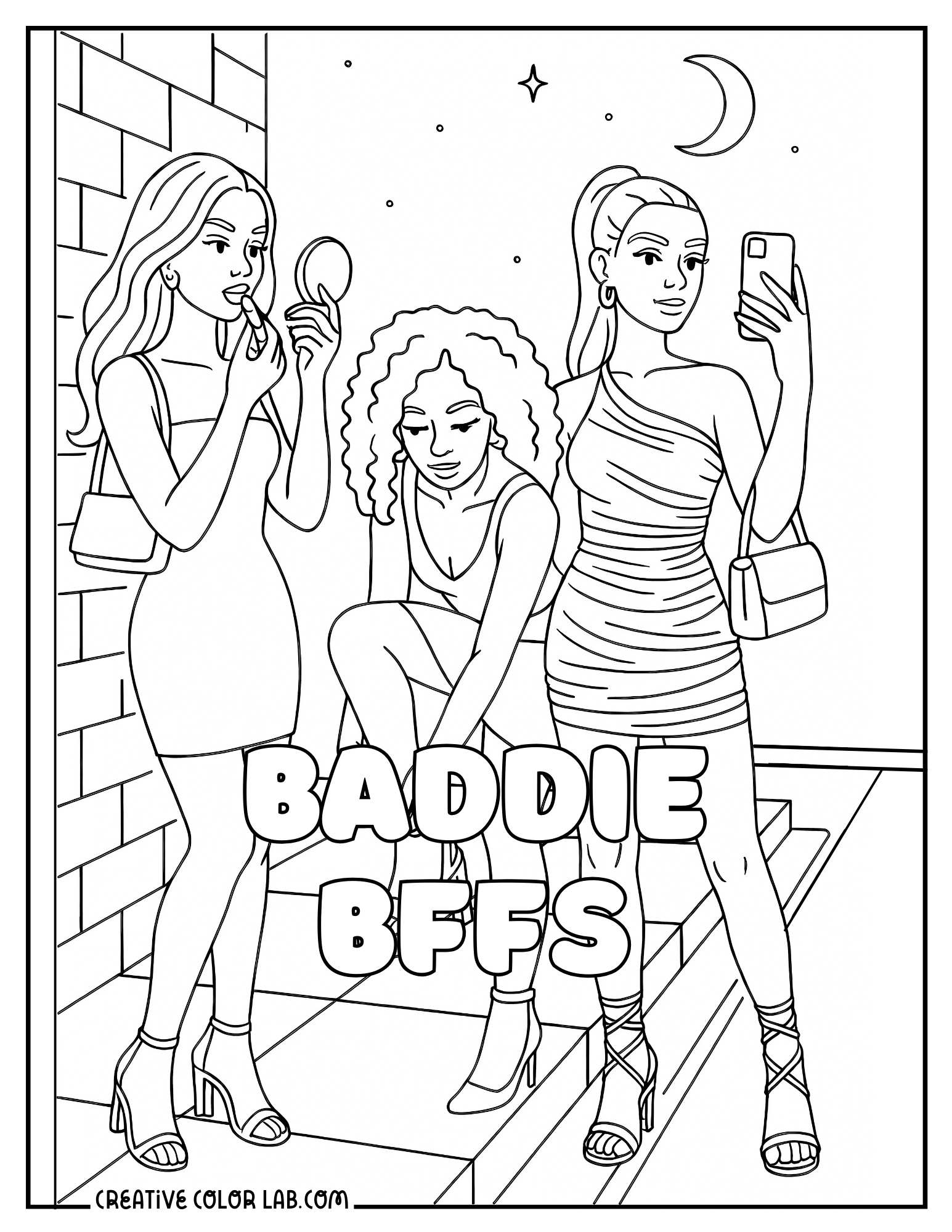 Three baddie besties during a night out picture to color.
