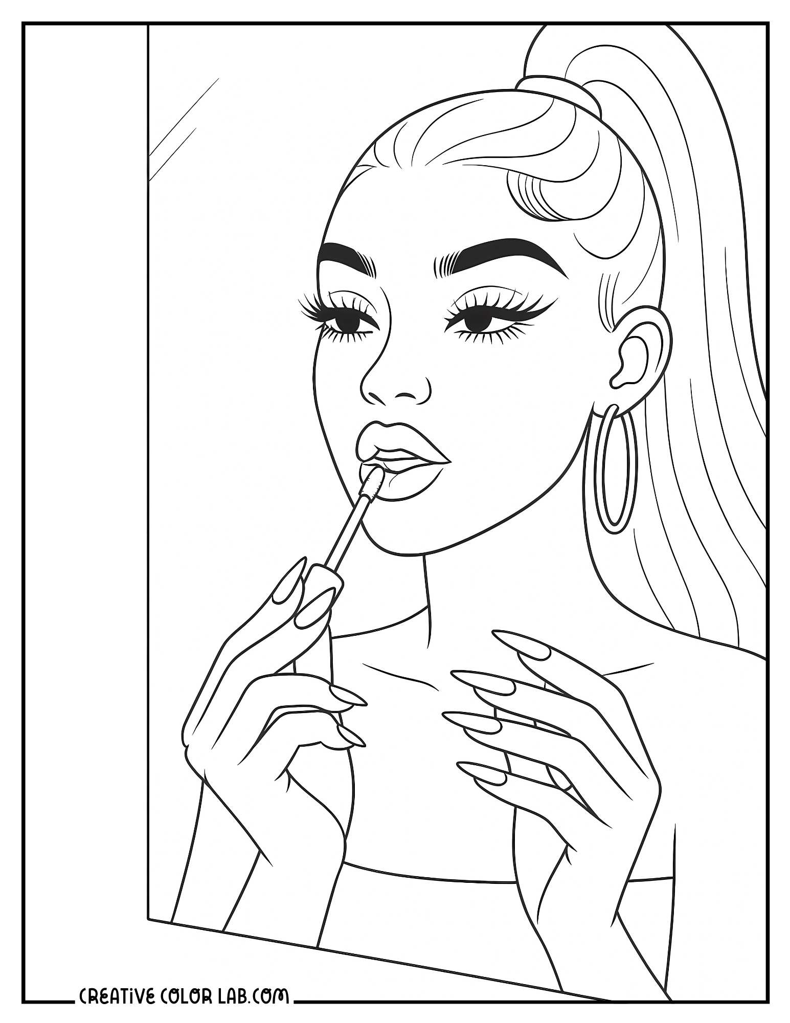 A girl applying a lip gloss line art to color in.