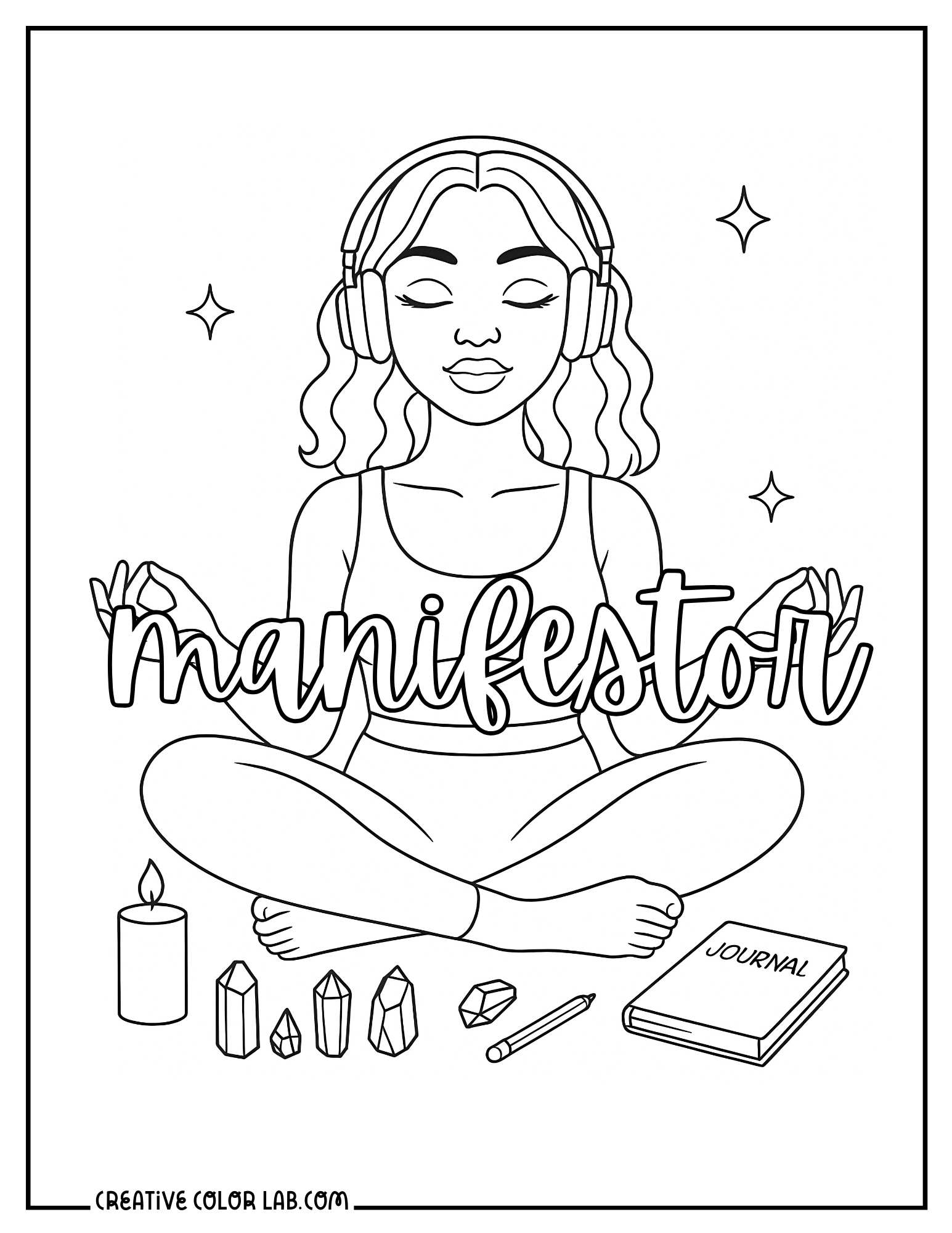 A baddie manifesting with crystals and journal line art to color in.
