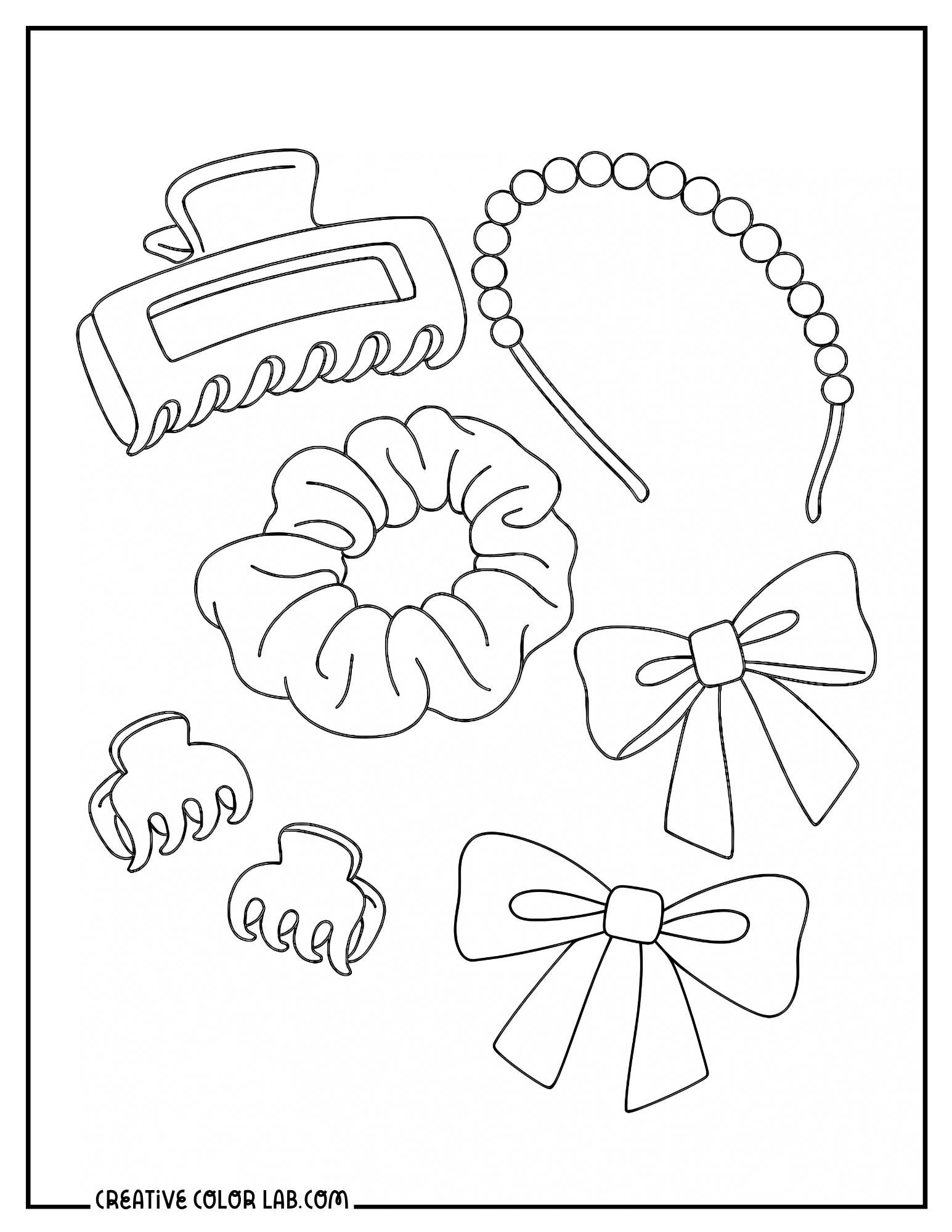 Bows, scrunchies, clamps and a pearl headband accessories picture to color.