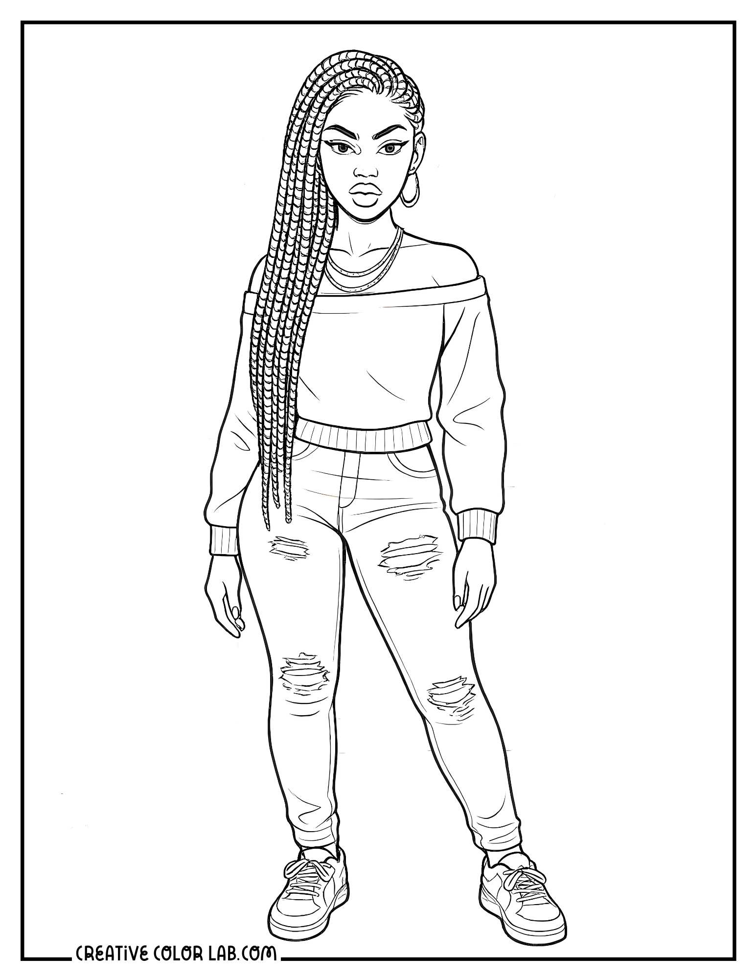 A baddie in braids and ripped jeans line art to color in.