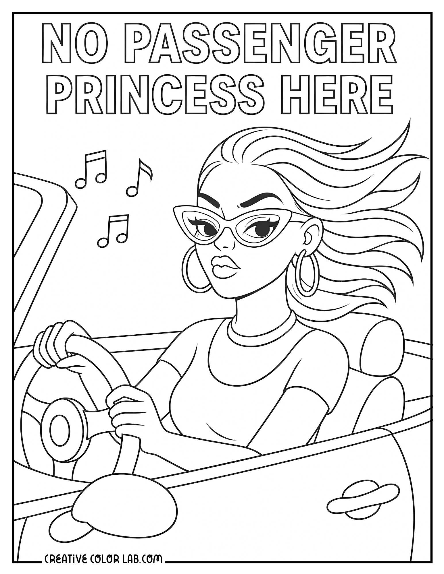 A girl driving a convertible coloring sheet.