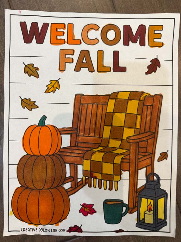 Fall coloring page colored in.