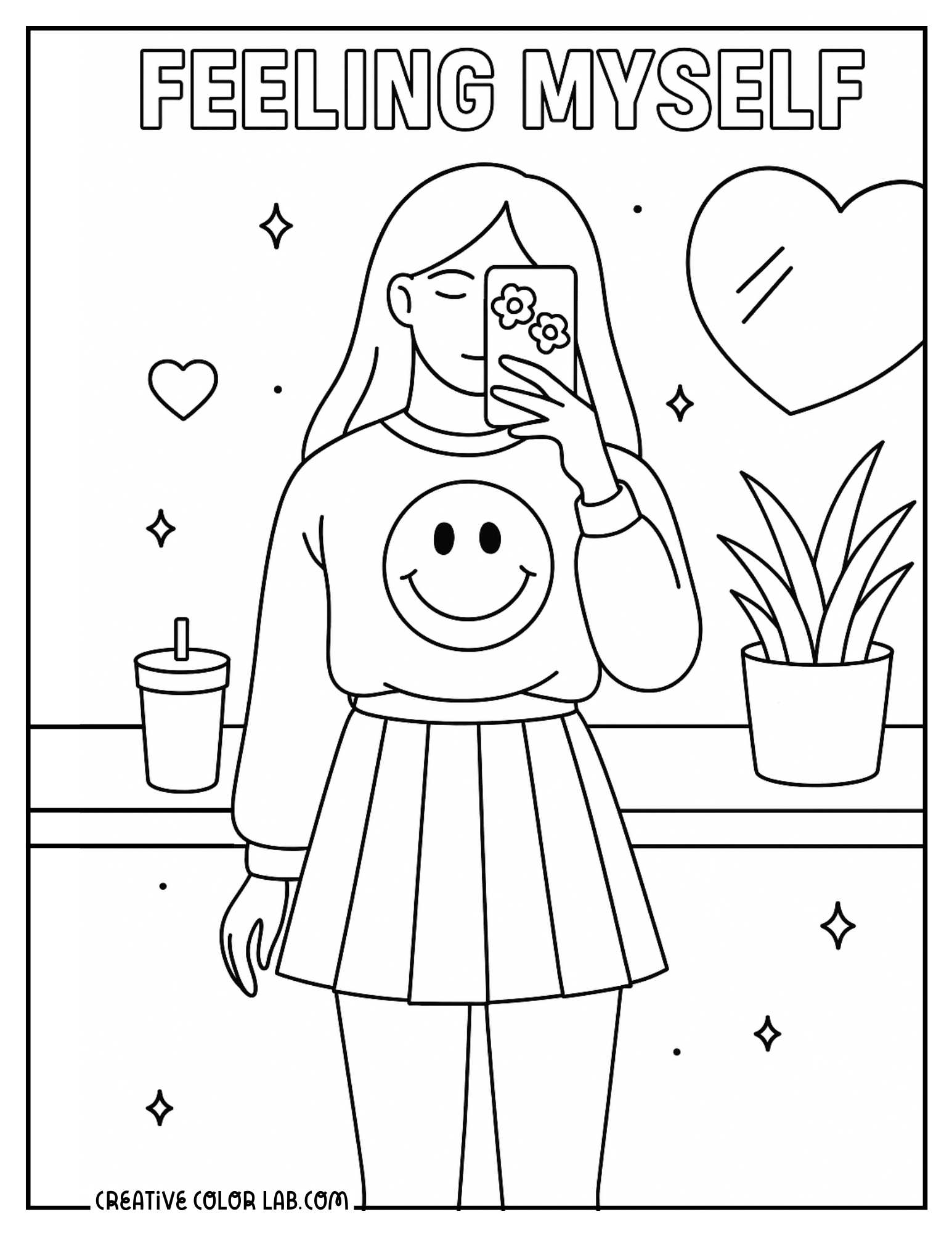 "Feeling myself" mirror selfie of a preppy girl image to color.