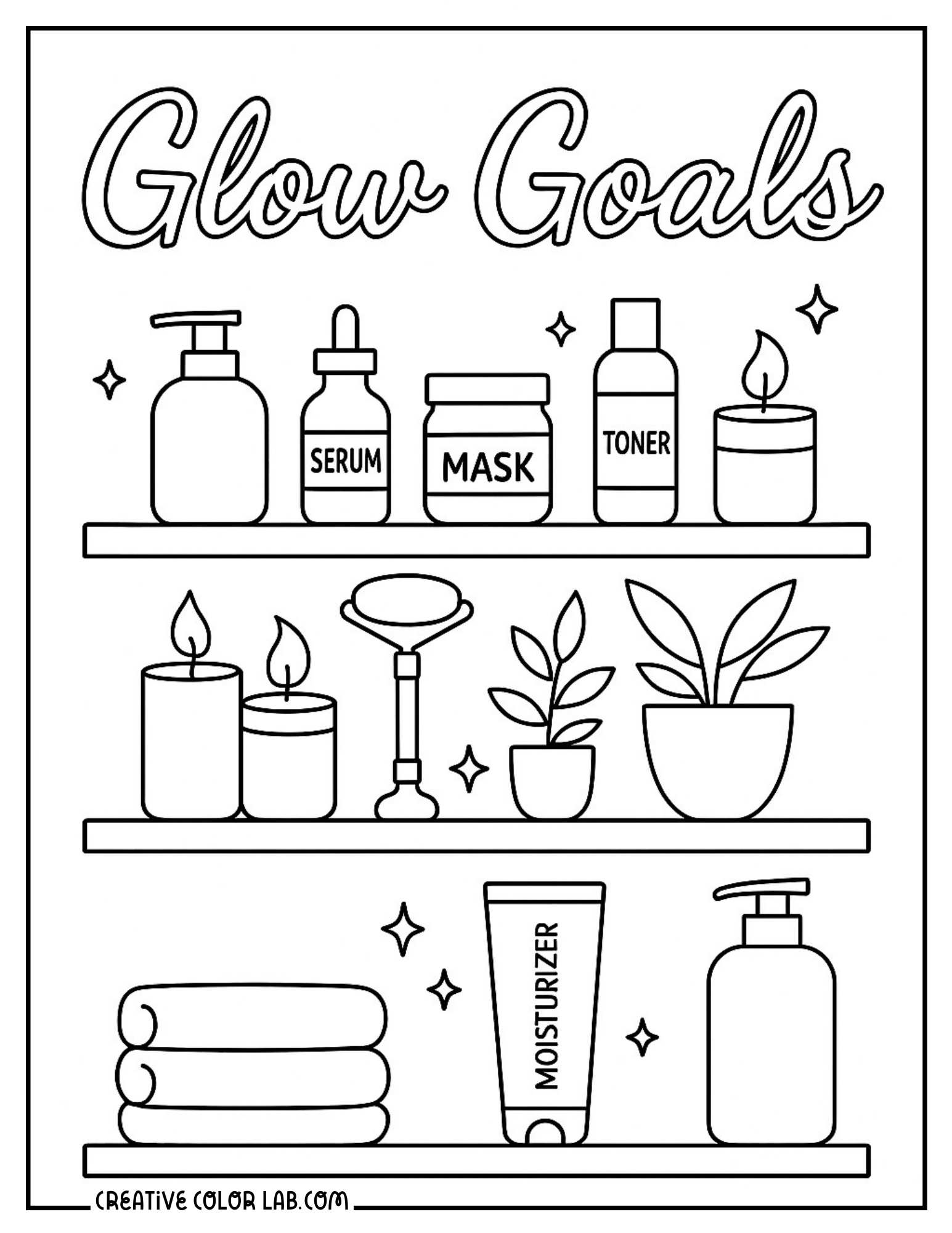 "Glow goals" skincare routine products coloring page.
