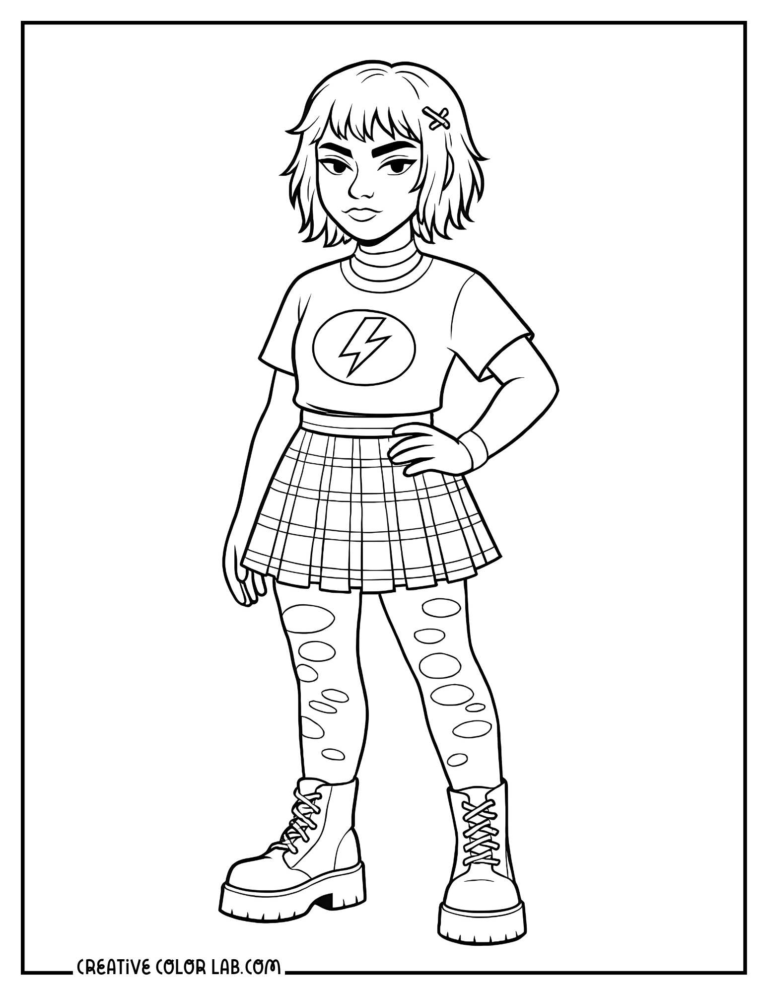 A grunge baddie wearing a lace up boots coloring page.