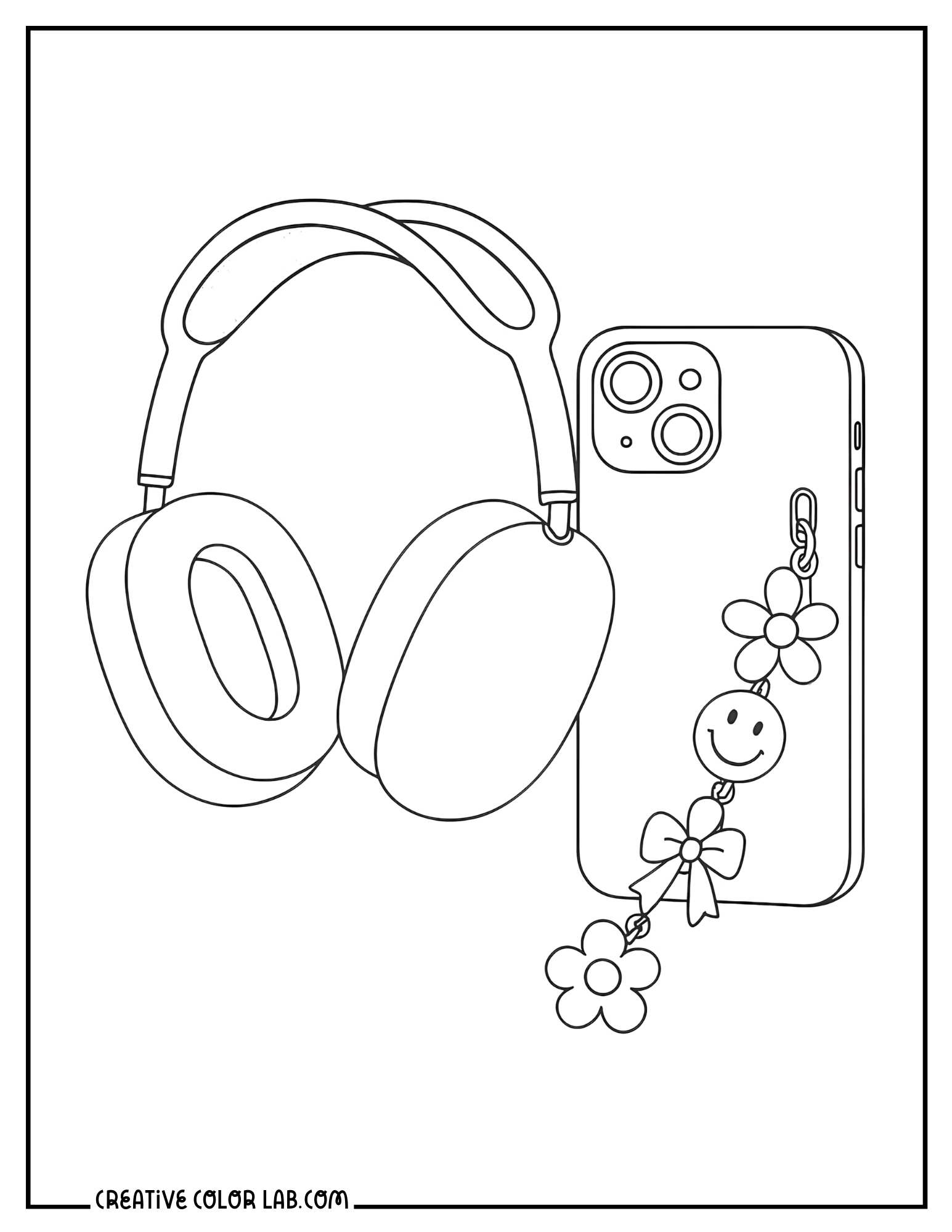 Headphones with a phone with phone charm coloring page.