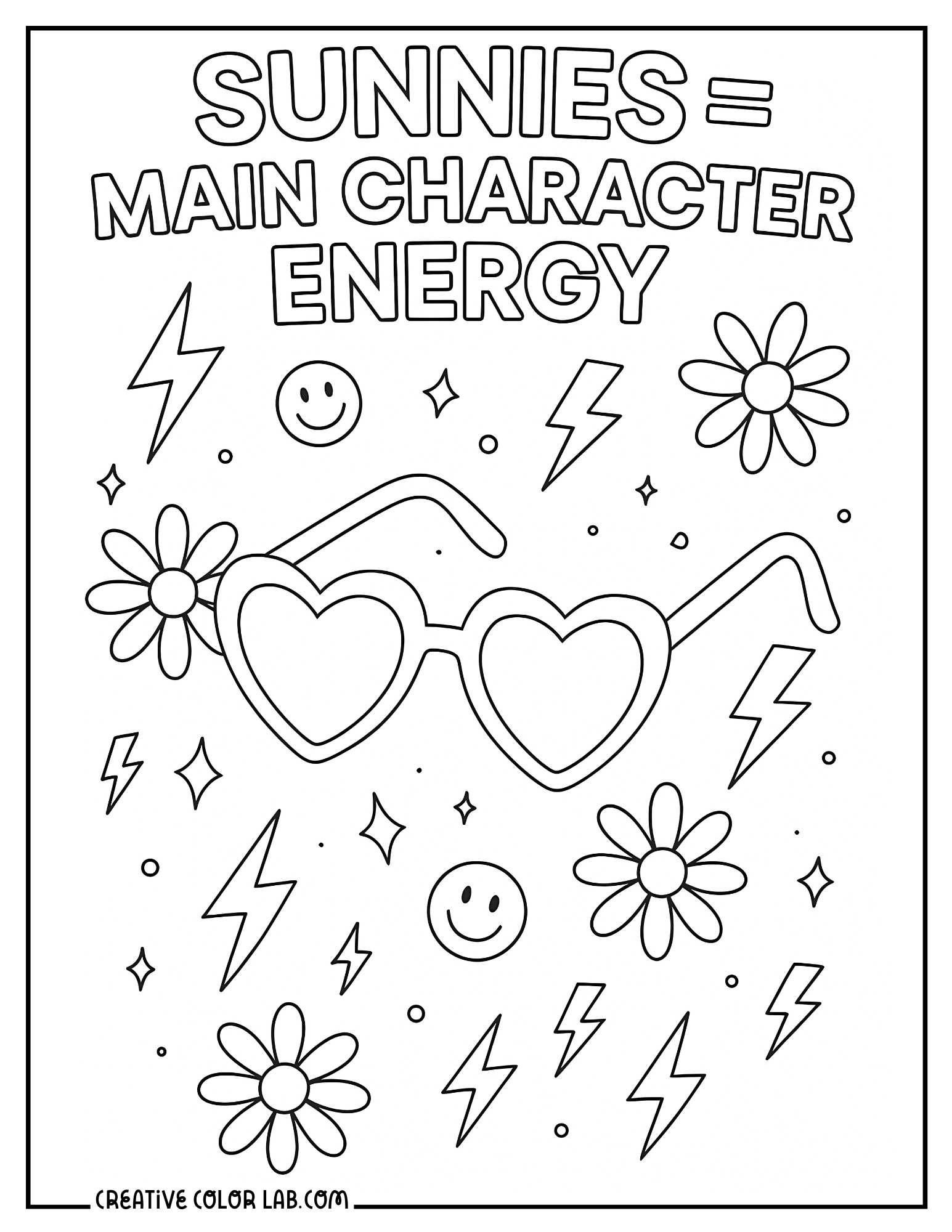 Heart sunglasses as main character energy coloring sheet.