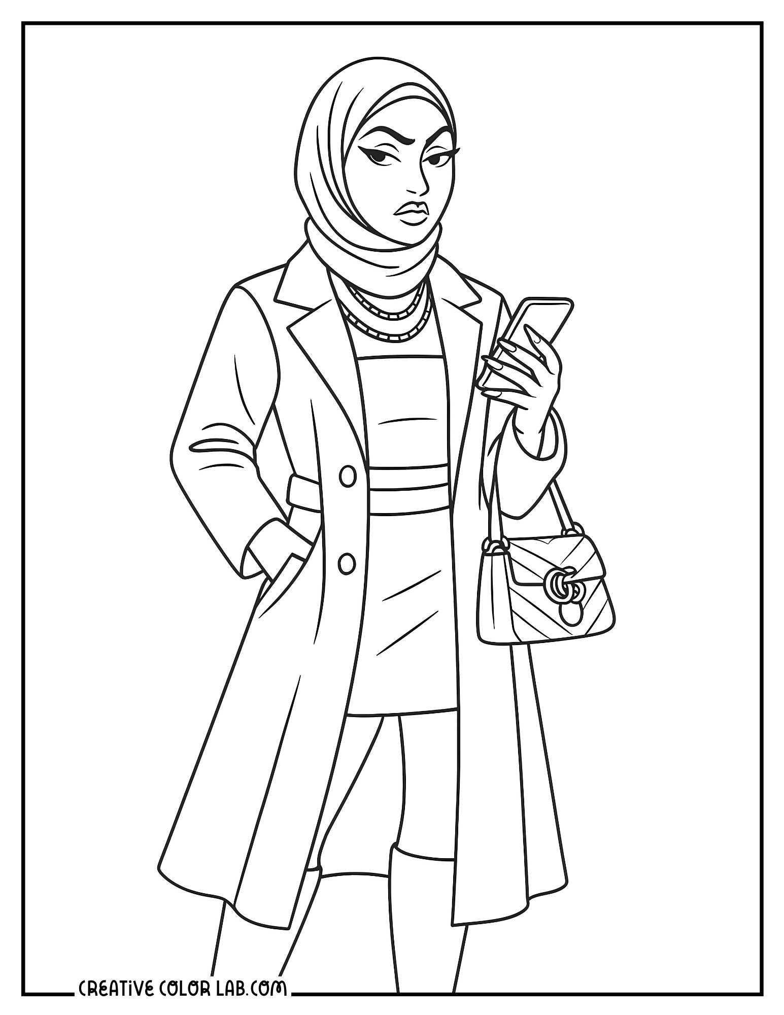 A Muslim girl baddie wearing a trench coat and hijab image to color.