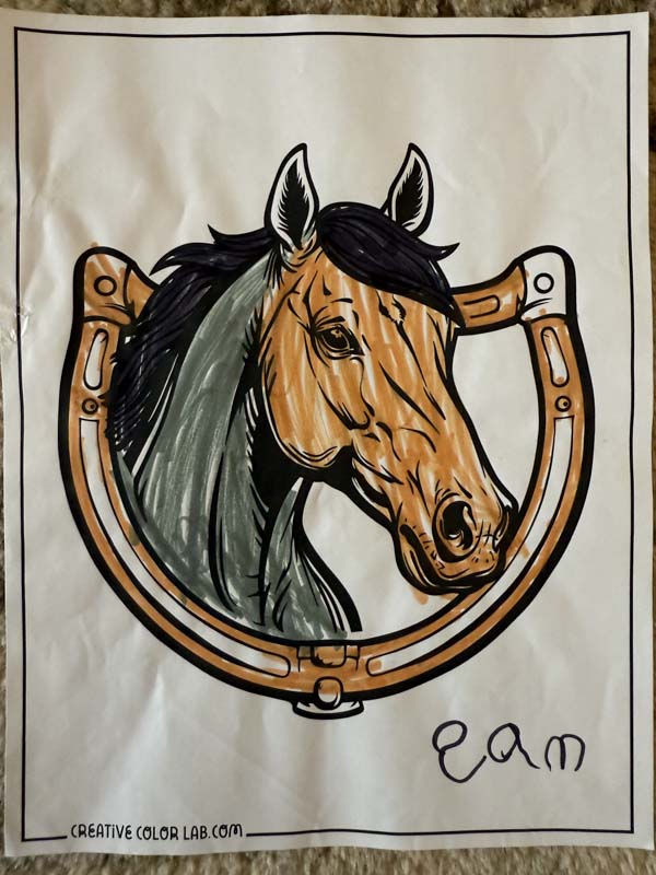 Completed horse coloring page.