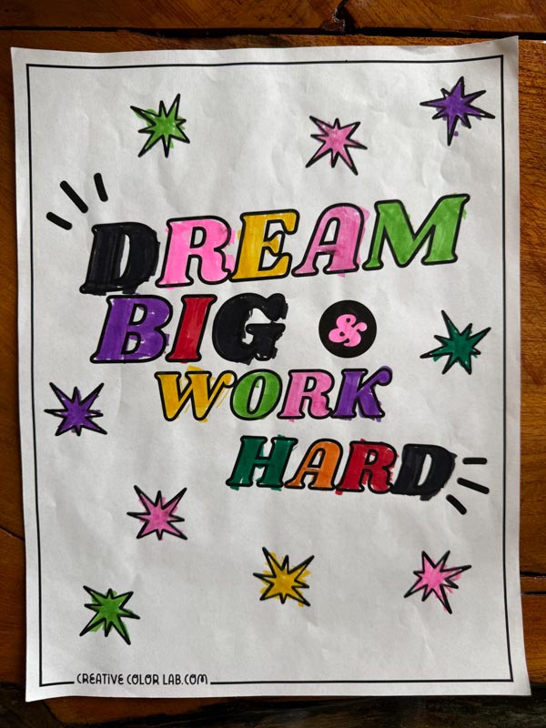 Finished inspirational quote coloring page.