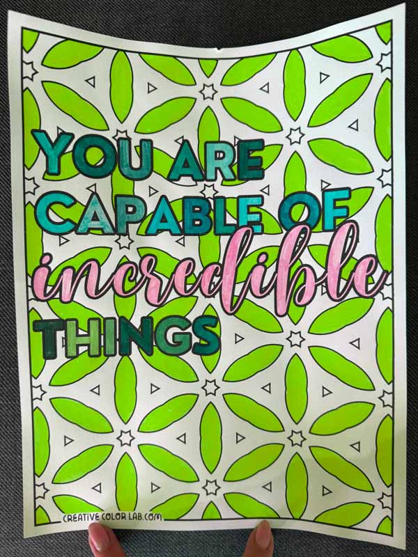 Finished inspirational quote coloring page.