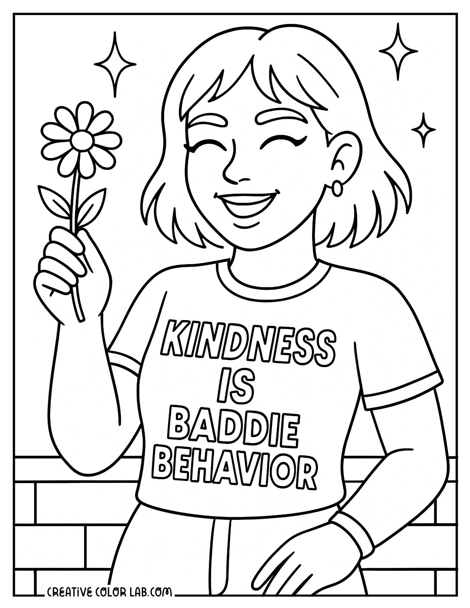 A girl wearing a "Kindness is a baddie behavior" positive quote coloring sheet.