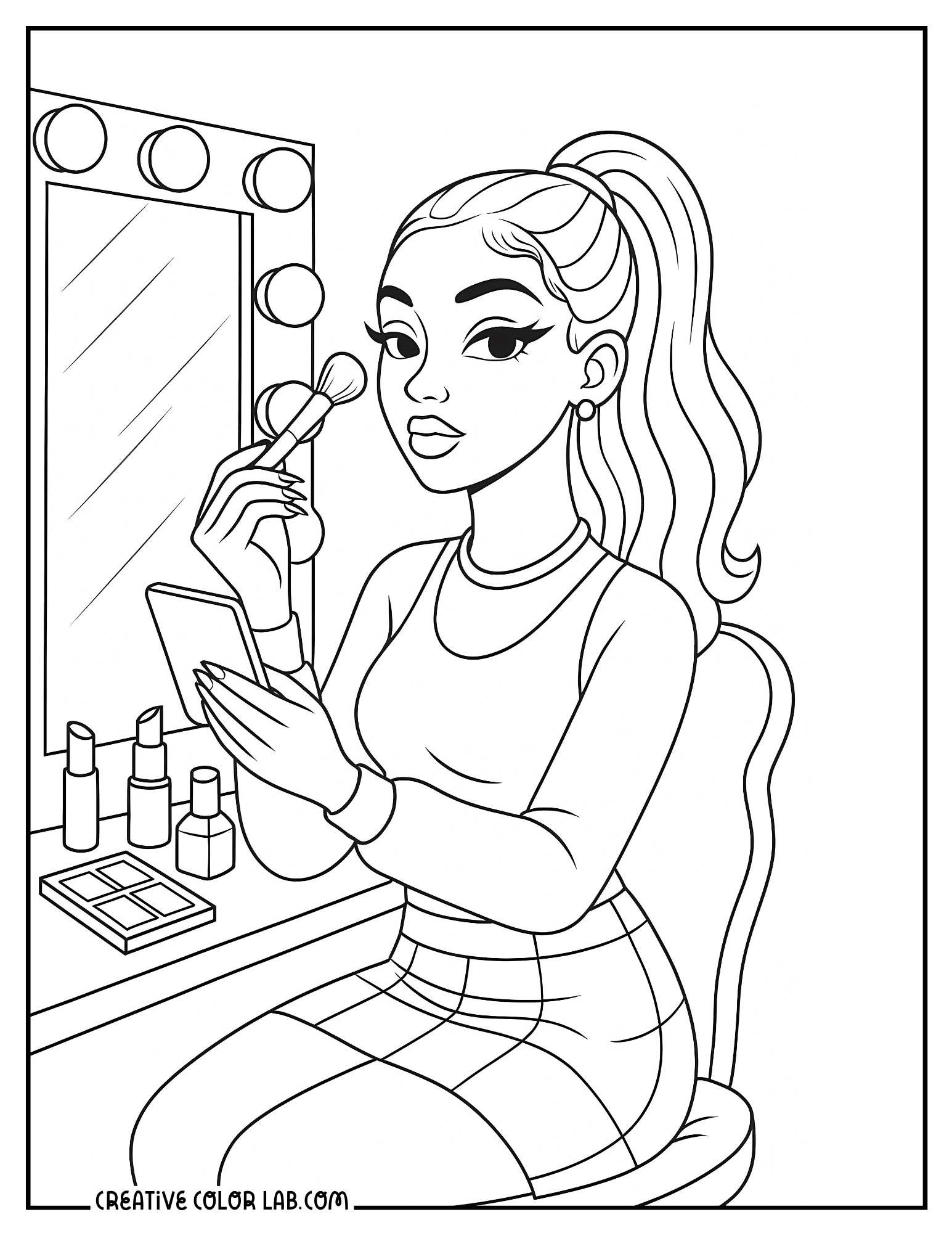 A baddie doing her makeup in front of a makeup vanity coloring page.