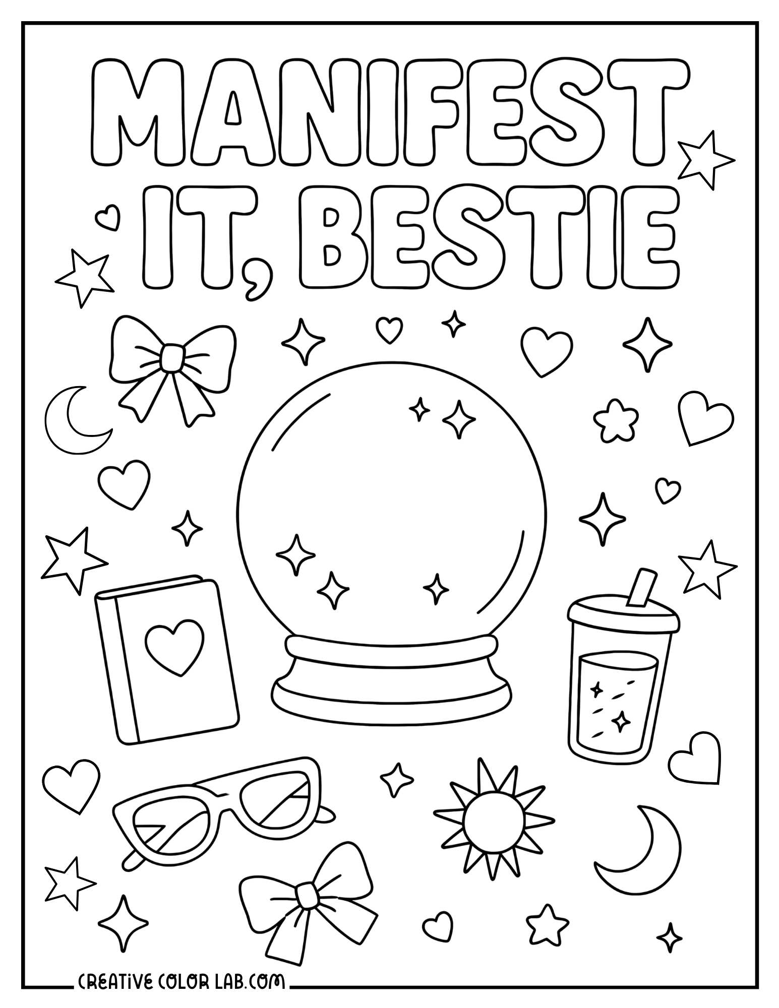 "Manifest it bestie" Mystic aesthetic line art to color in.