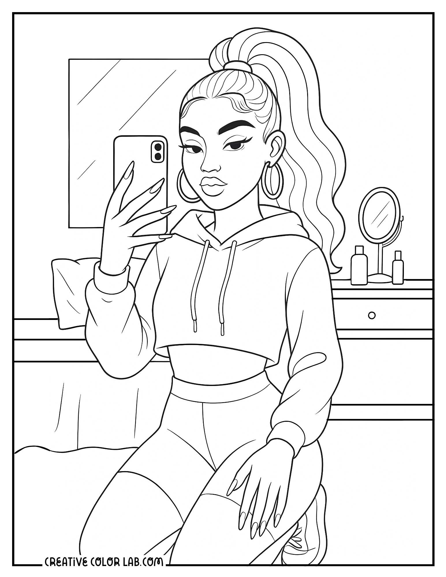 A mirror selfie of a baddie coloring sheet.