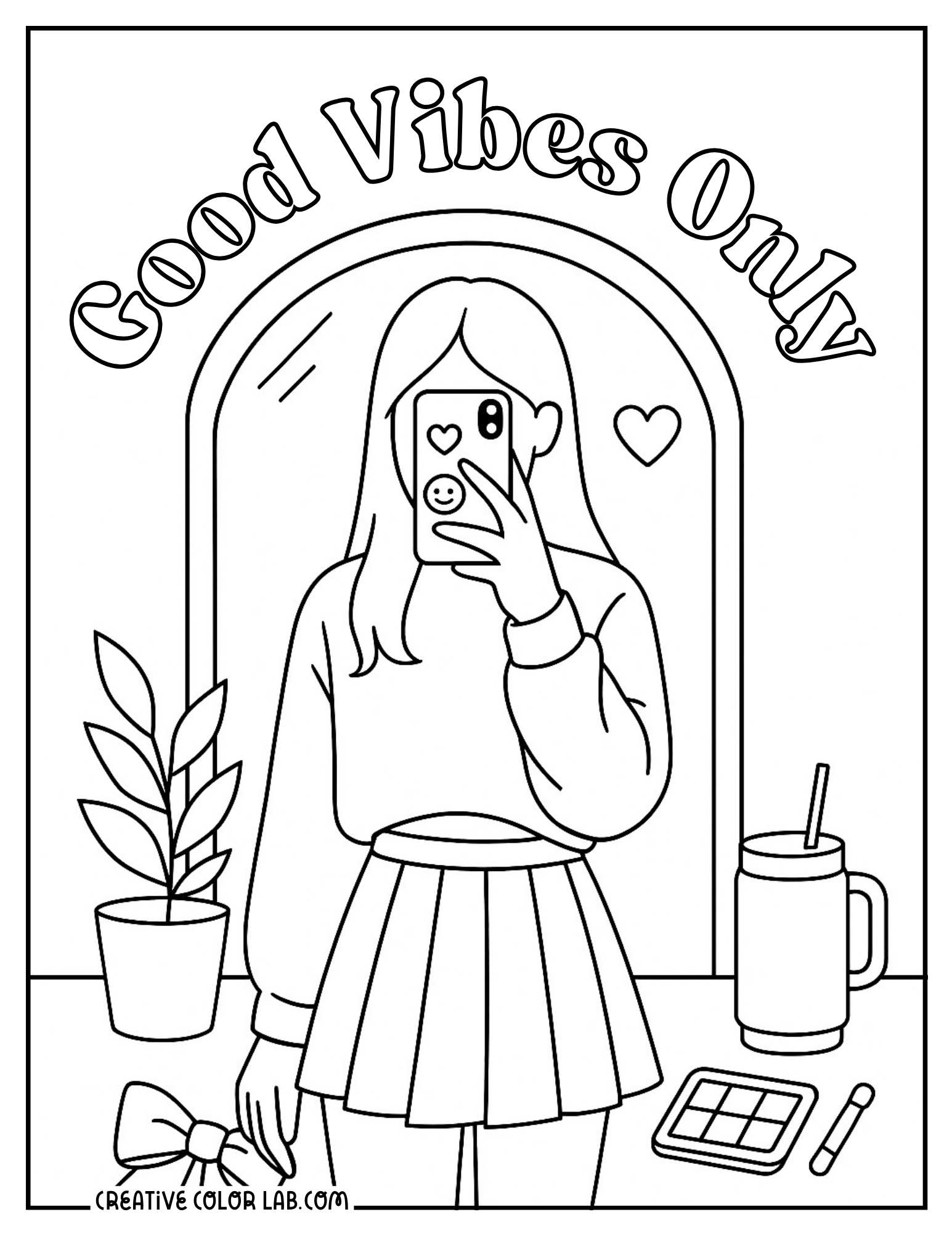 A preppy girl doing a mirror selfie coloring page.
