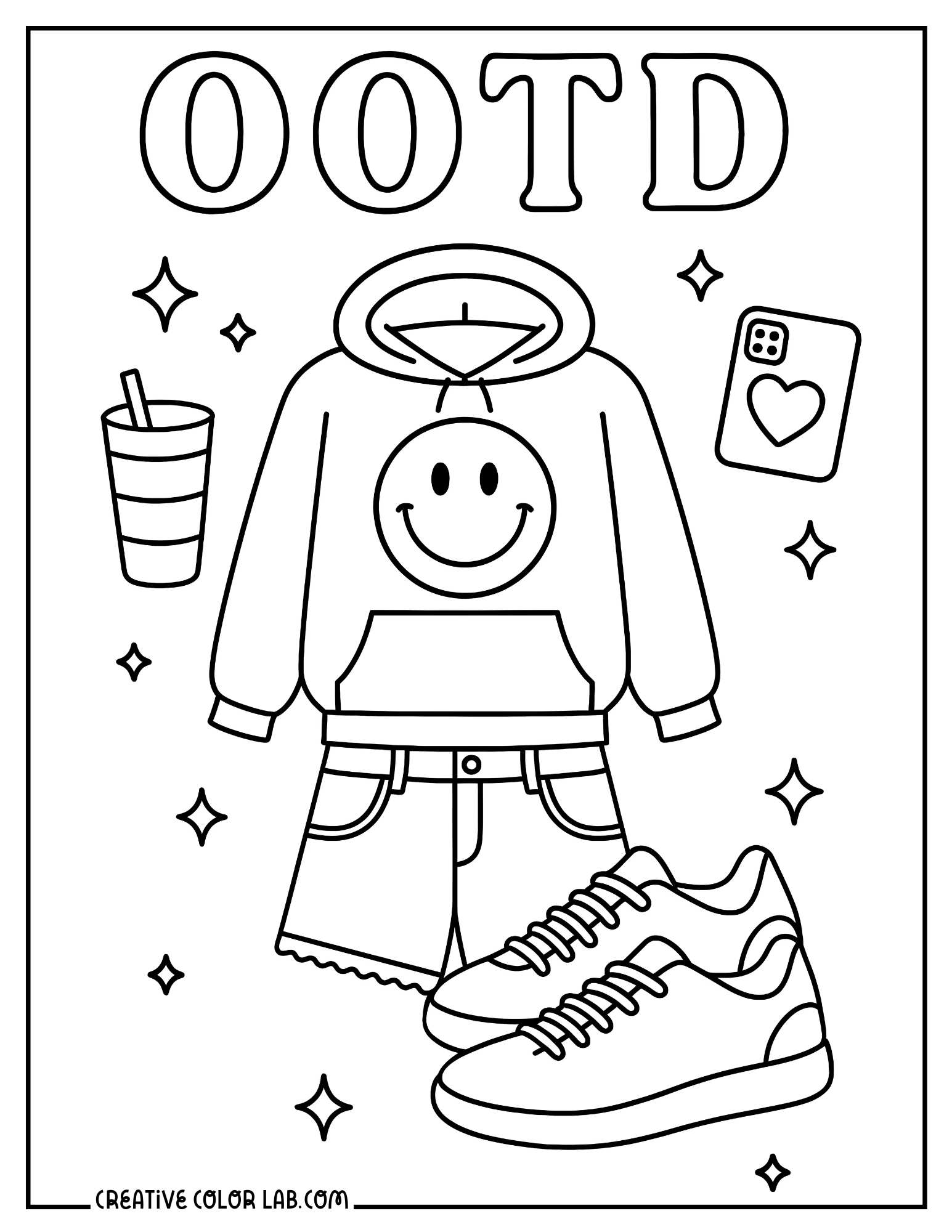 OOTD hoodie with a smiley, shorts, and a pair of sneakers look coloring page.