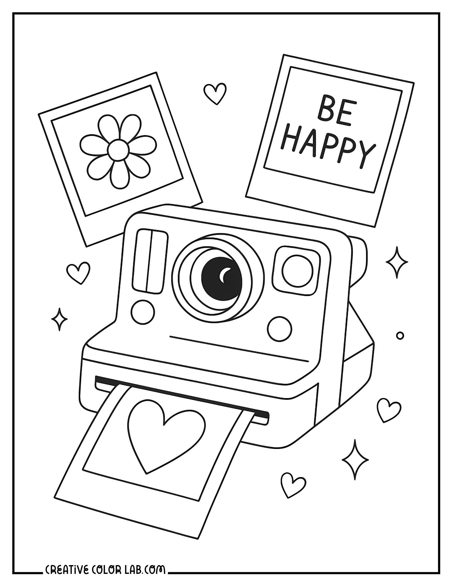 A polaroid camera with a film coming out coloring page.