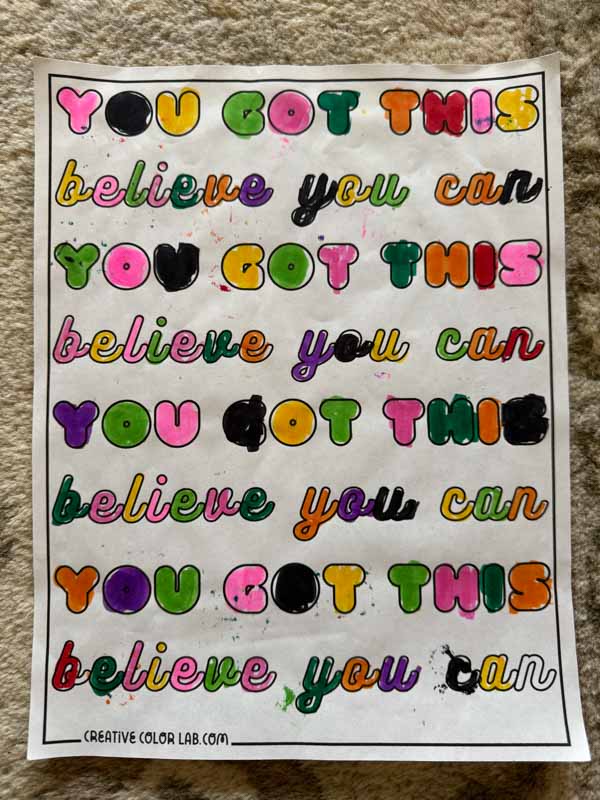 Completed positive quote coloring page.