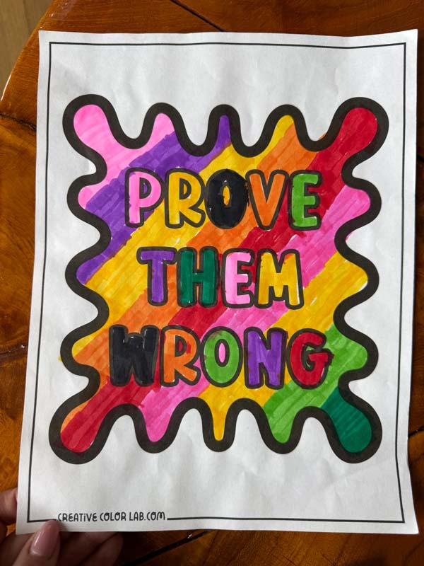 A completed positive quote coloring page.