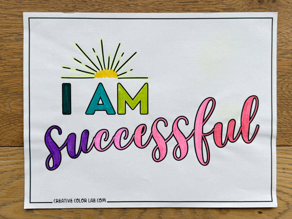 A completed positive quote coloring page by a tween.