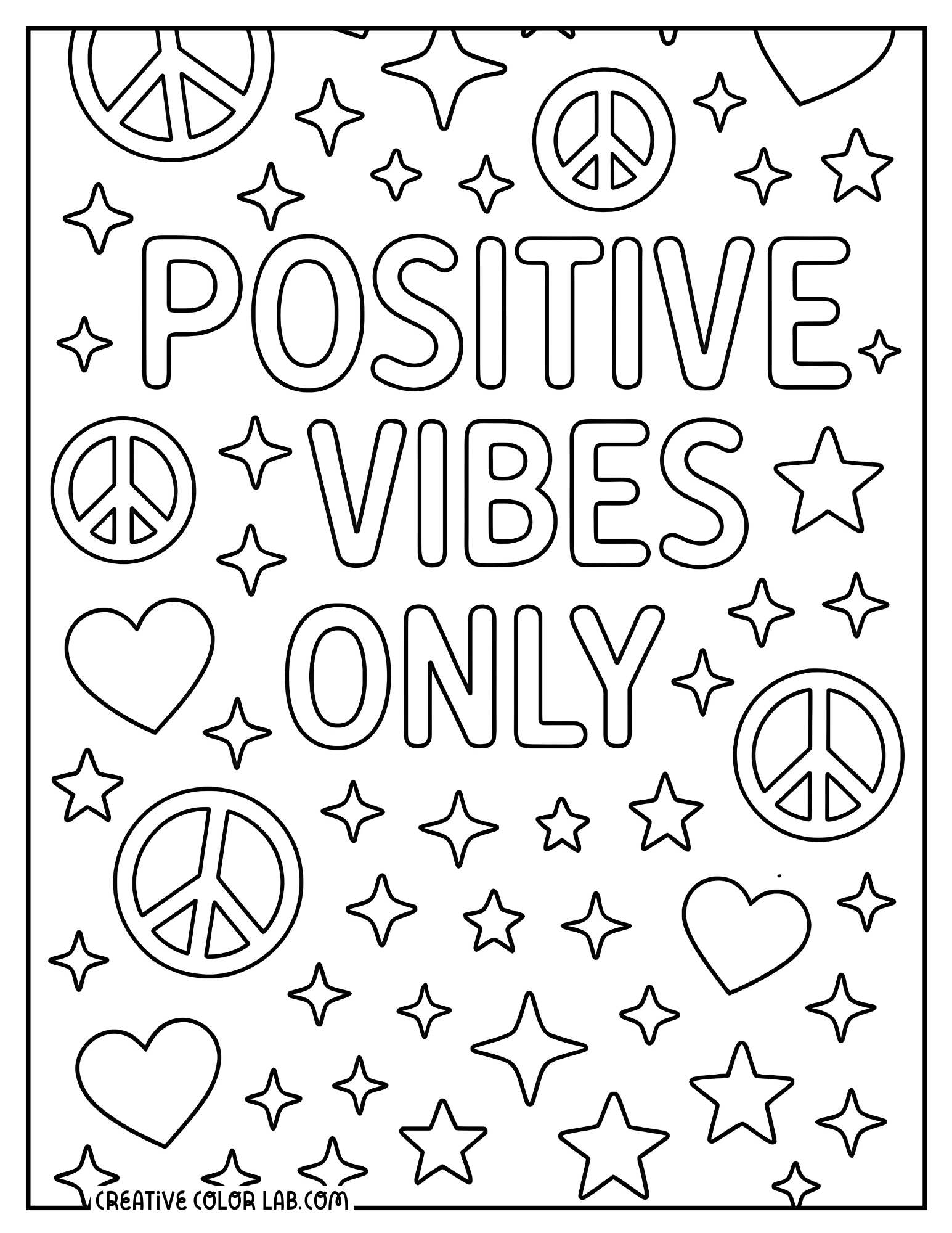 "Positive vibes only" stars, peace signs and hearts coloring page.