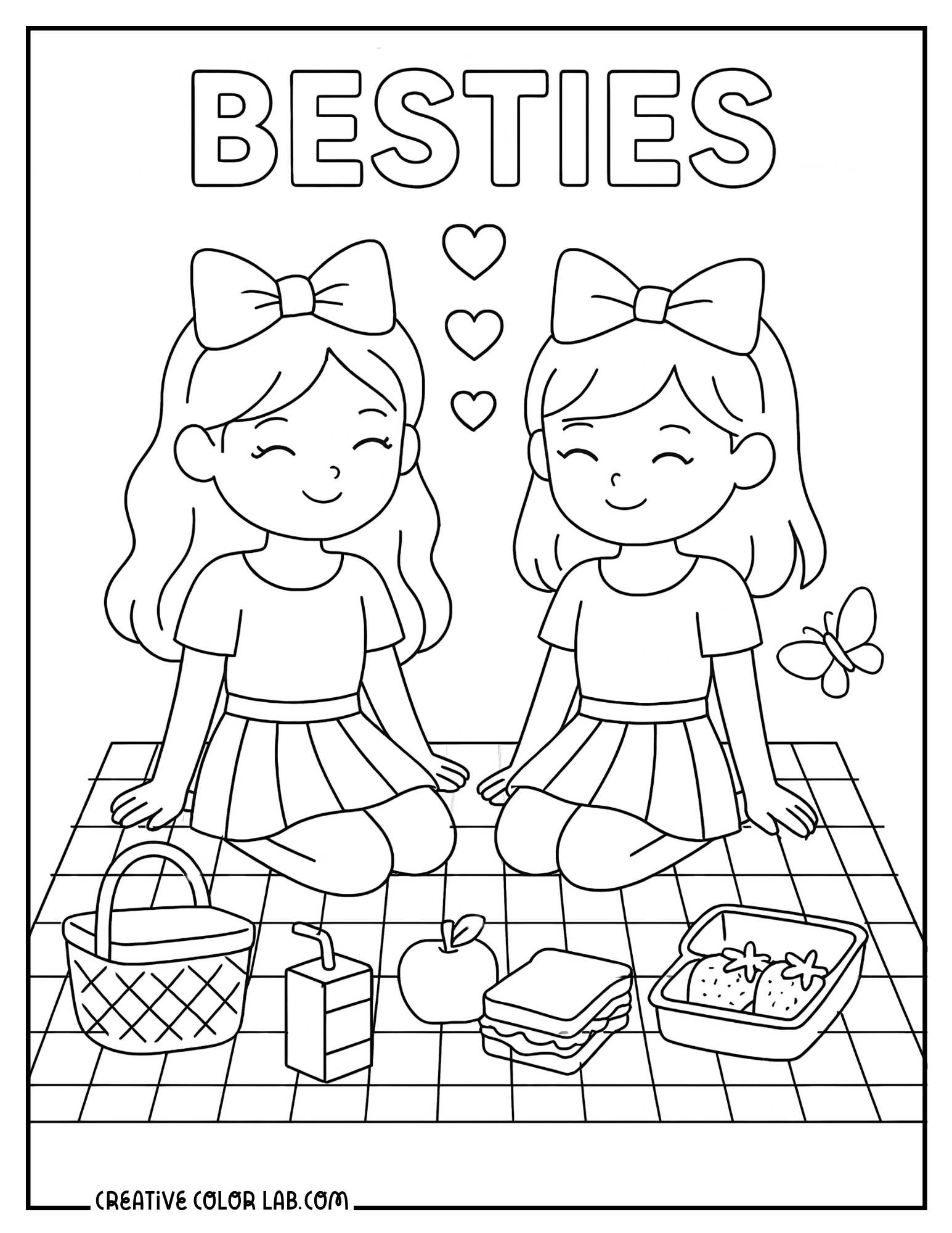 Two preppy besties having a picnic coloring sheet.