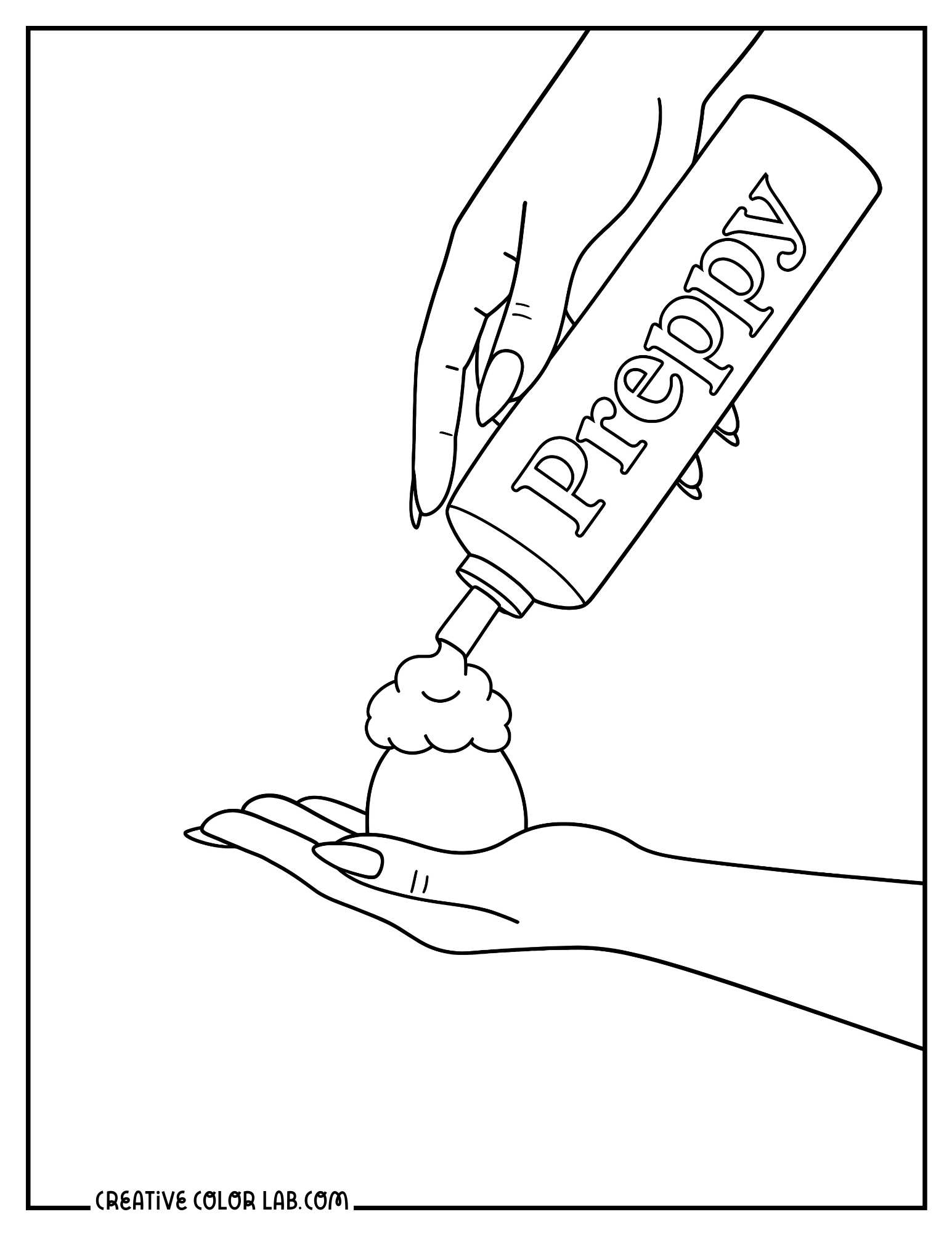A hand with preppy foam cleanser bottle line art to color in.