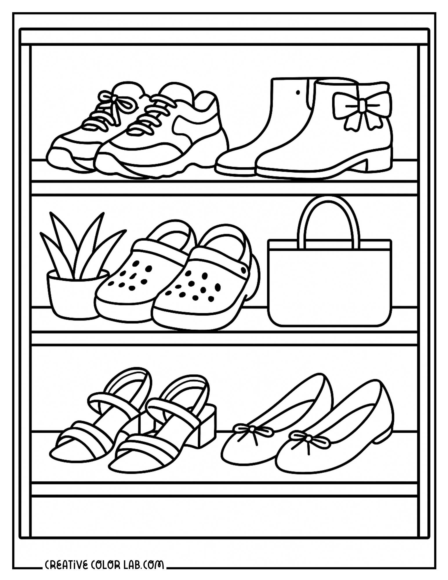 A shoe closet with boots and sneakers coloring page.