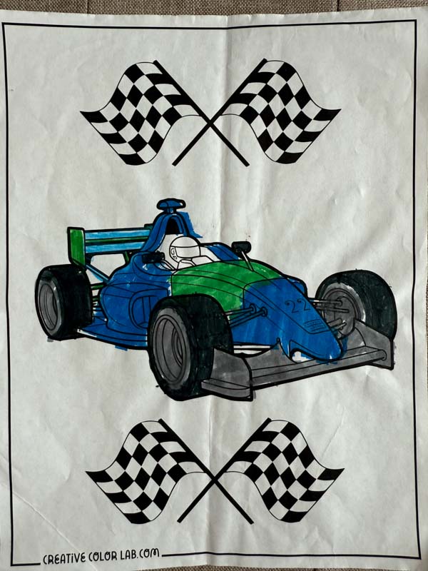 A finished race car coloring page.