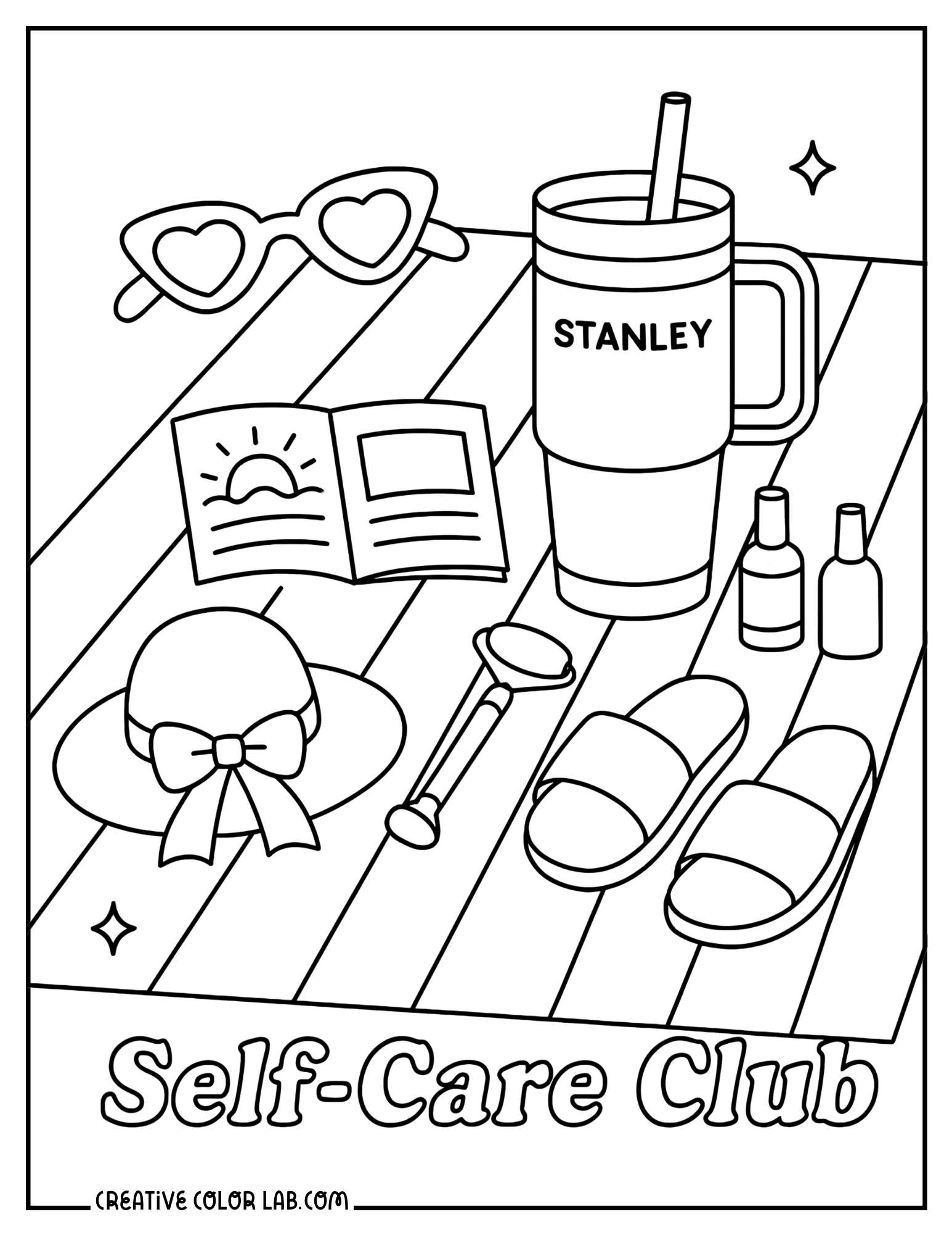 A deck with self care items, a Stanley cup, and glasses coloring page.
