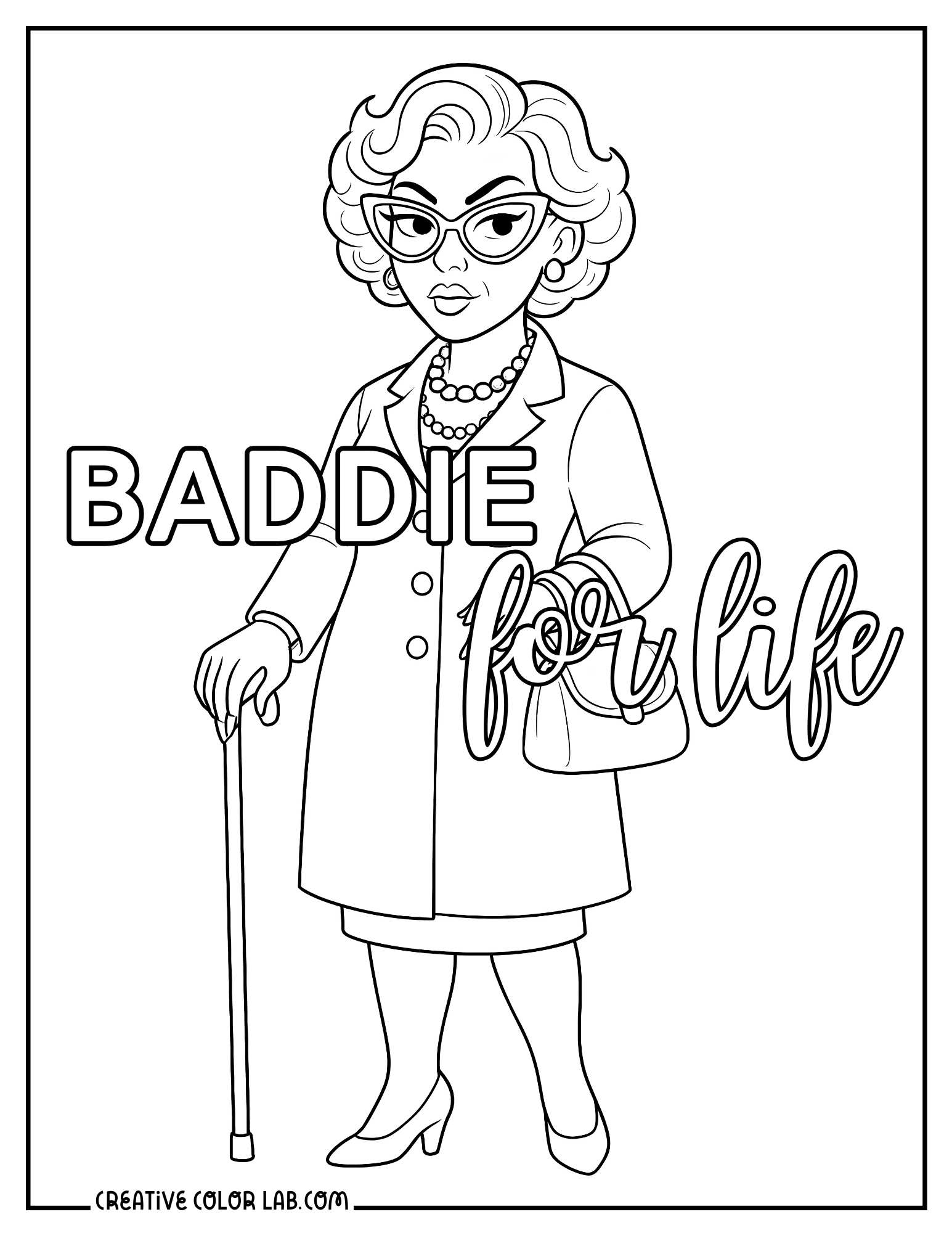 A senior baddie with cane coloring page.