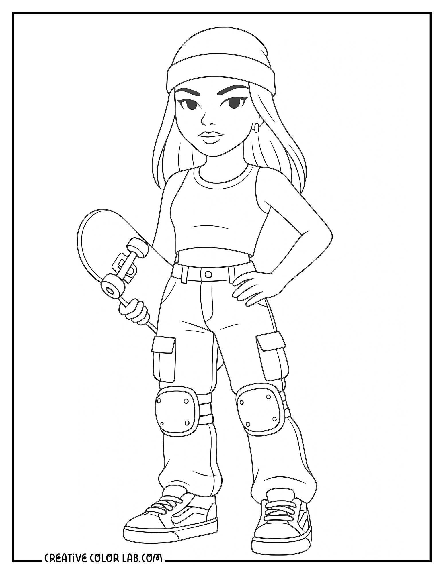 A skater girl with a skater board coloring sheet.