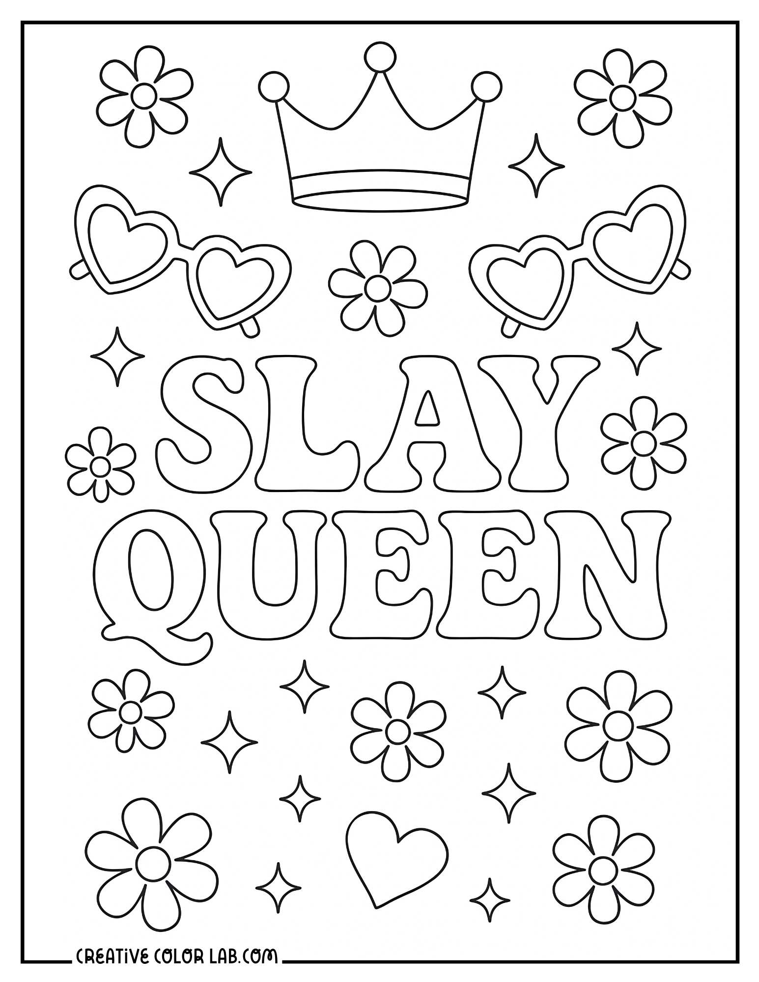 "Slay queen" crown and hearts line art to color in.
