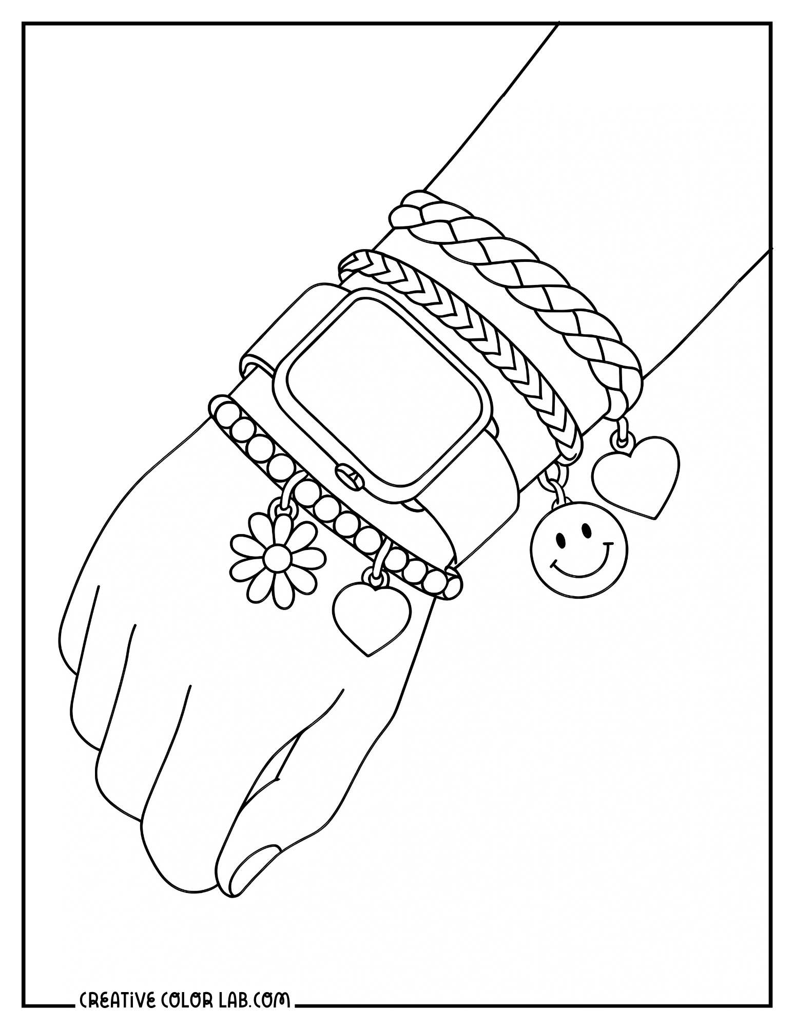 A hand with a smart watch and bracelet stack image to color.