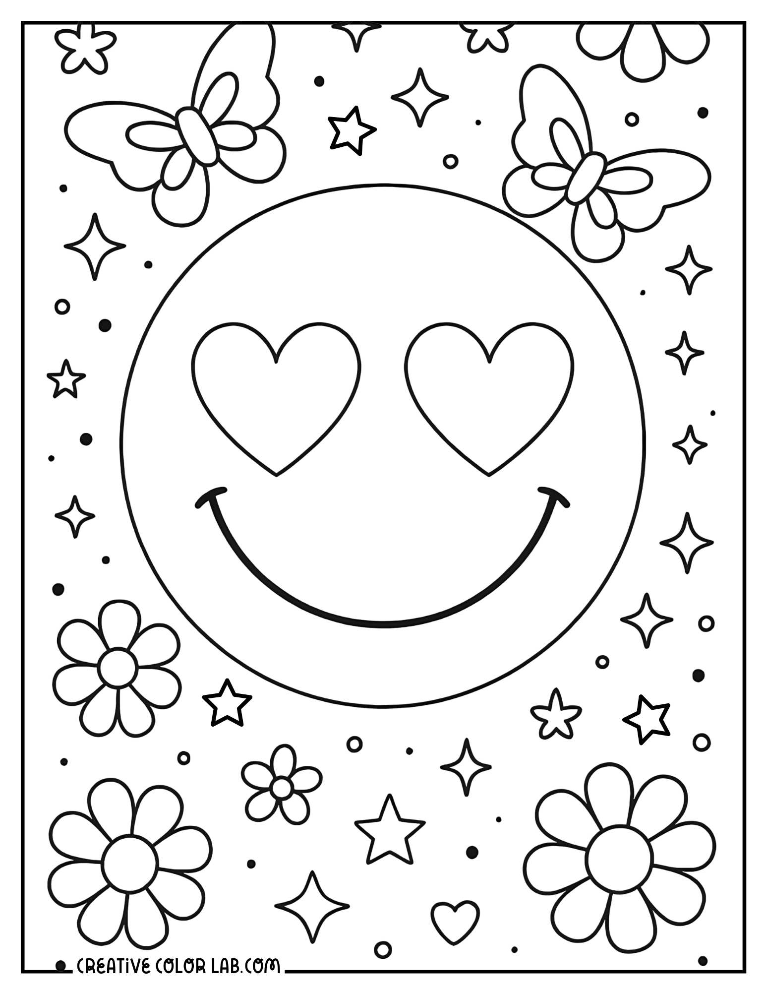 A smiley face, butterflies, and flowers coloring sheet.