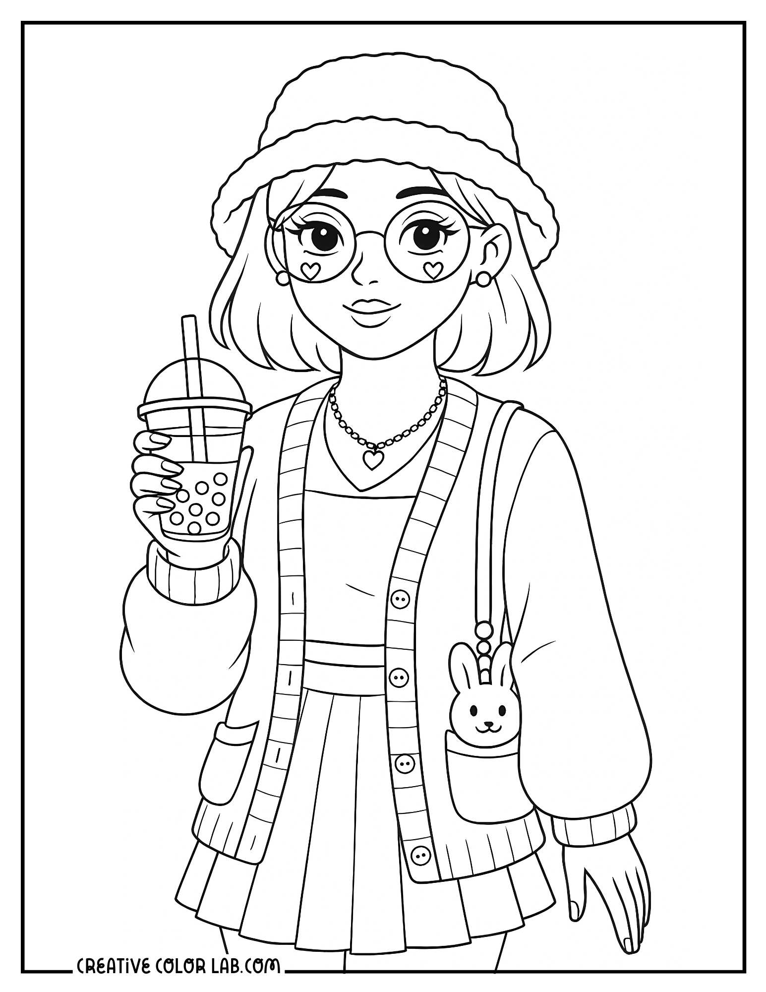 A soft fashion baddie holding a boba tea picture to color.
