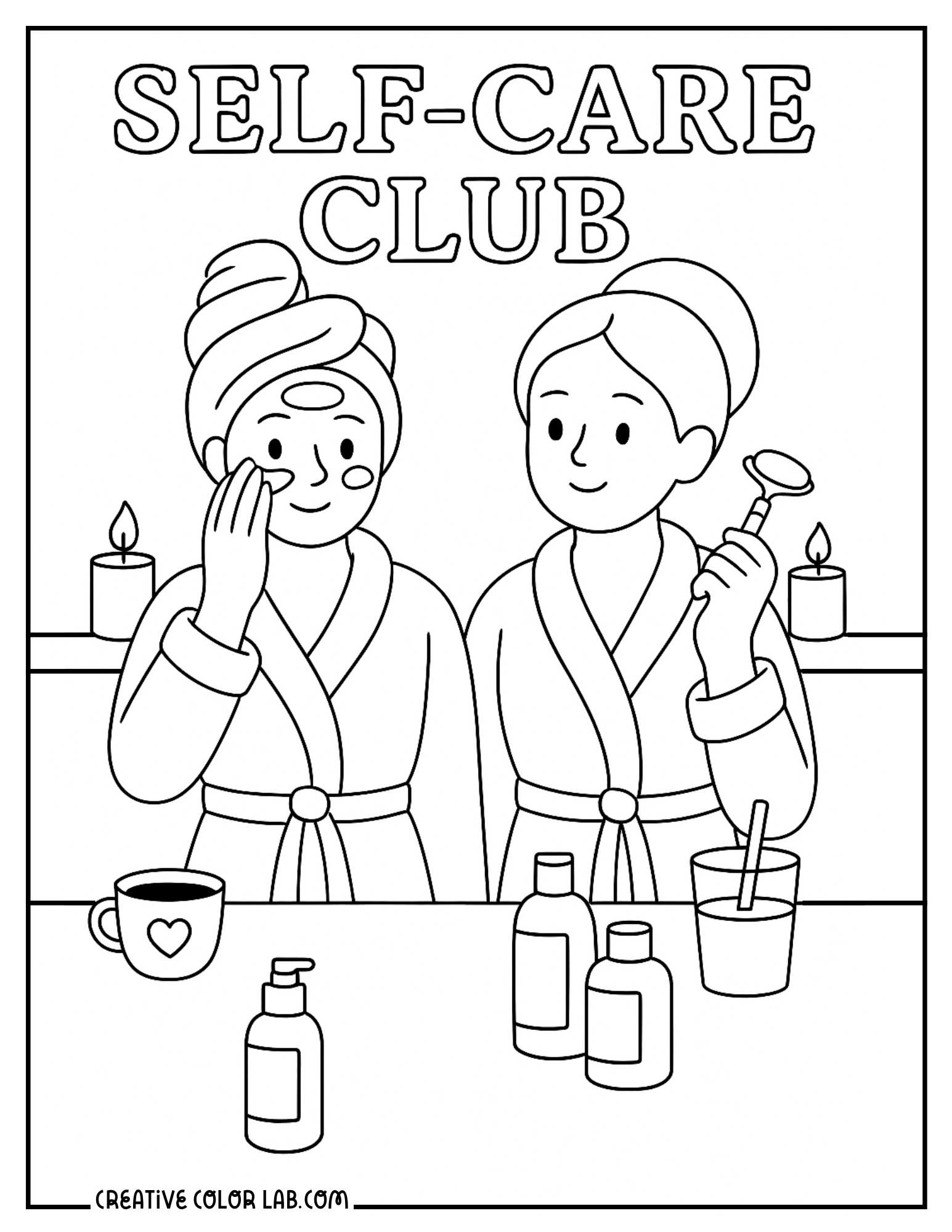 Two girls having a spa self care day coloring sheet.