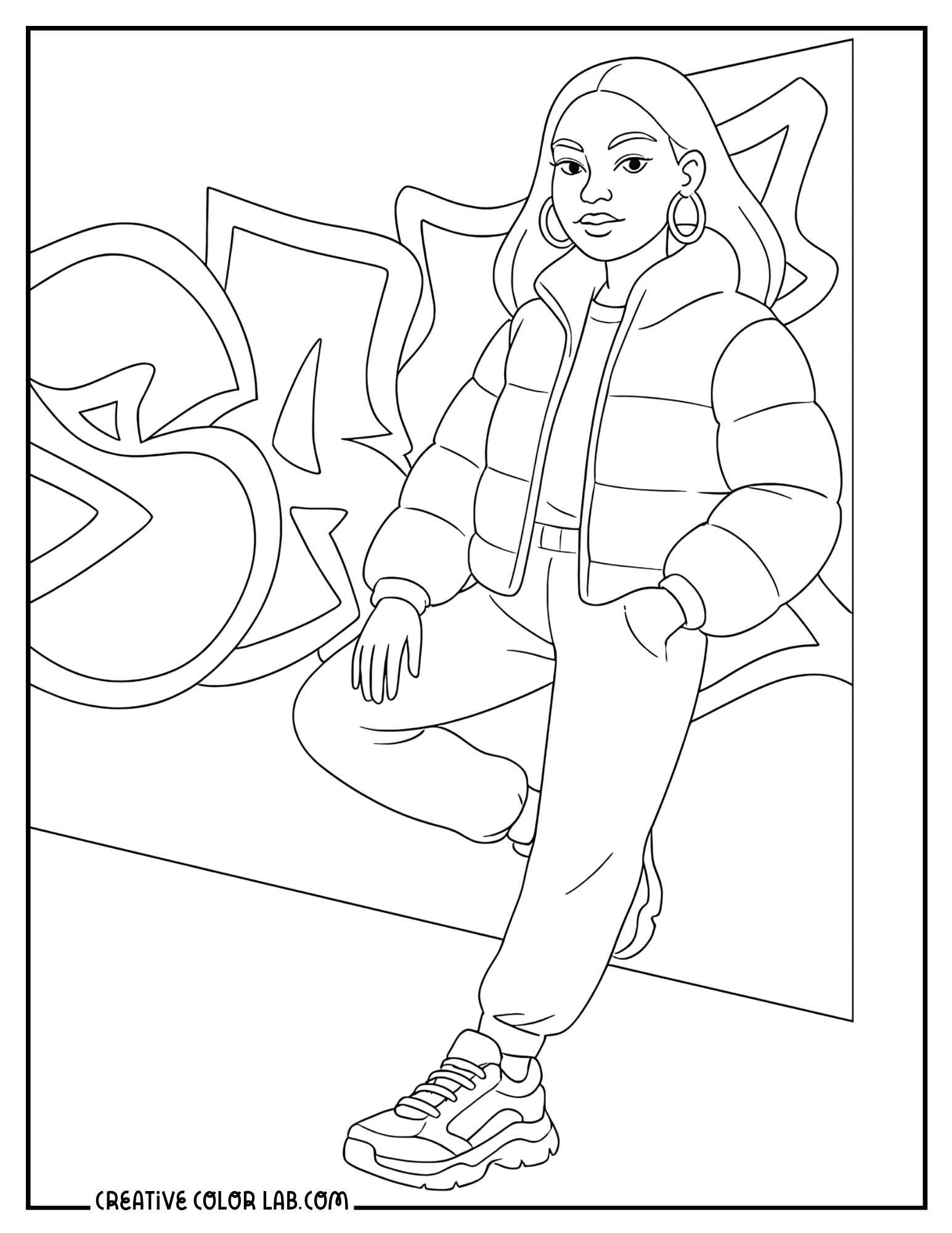 A streetwear baddie with a graffiti backdrop coloring page.