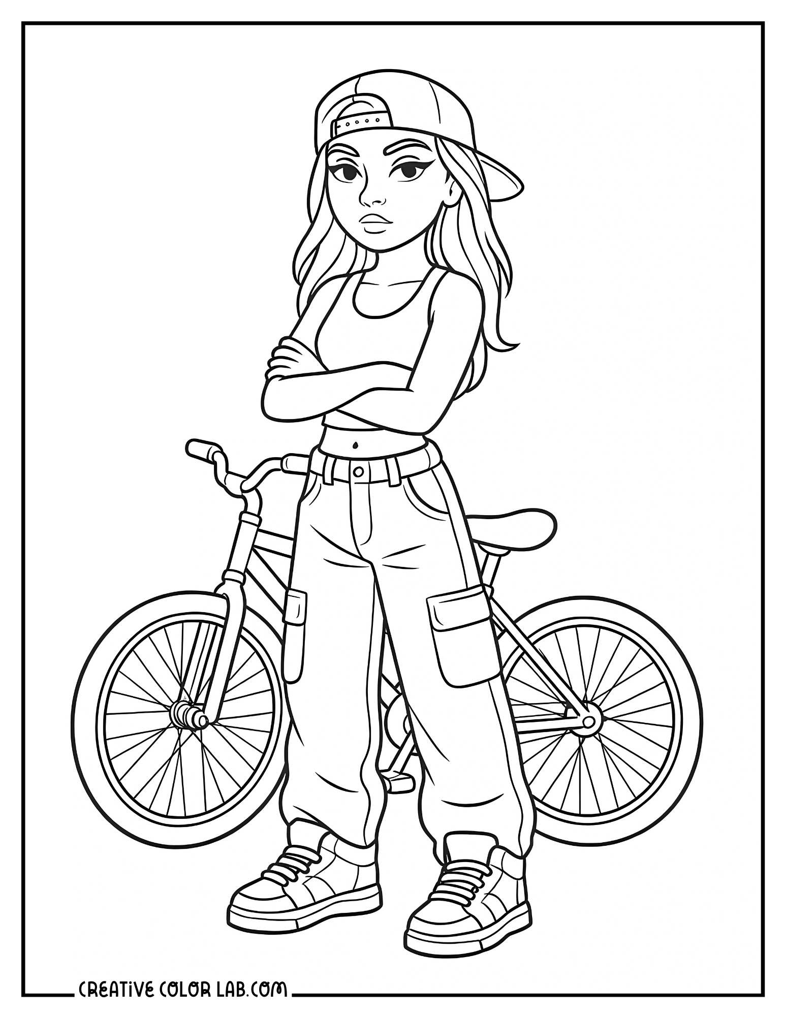 A tomboy baddie with a bike coloring sheet.
