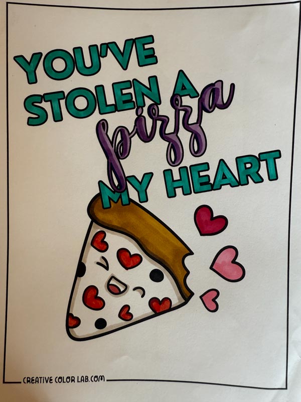A shaded valentines day coloring page by a teen.