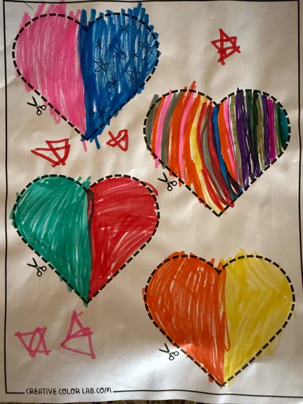 A completed valentines day coloring page.