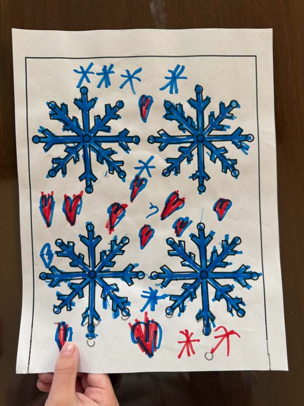 Finished winter coloring page by a kid.